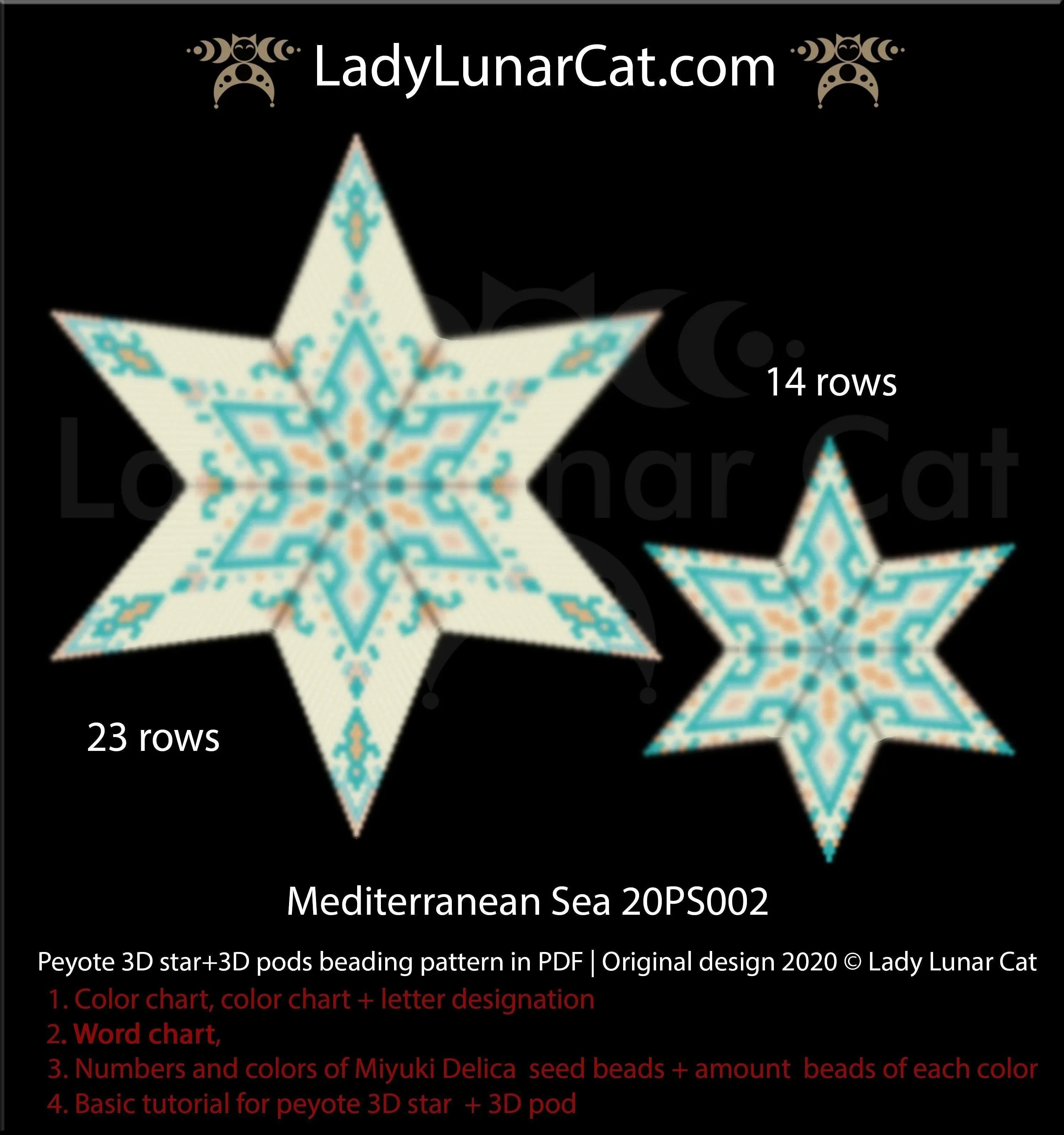 Mediterranean sea peyote star pattern PDF by Lady Lunar Cat — 2 versions ocean 20PS002