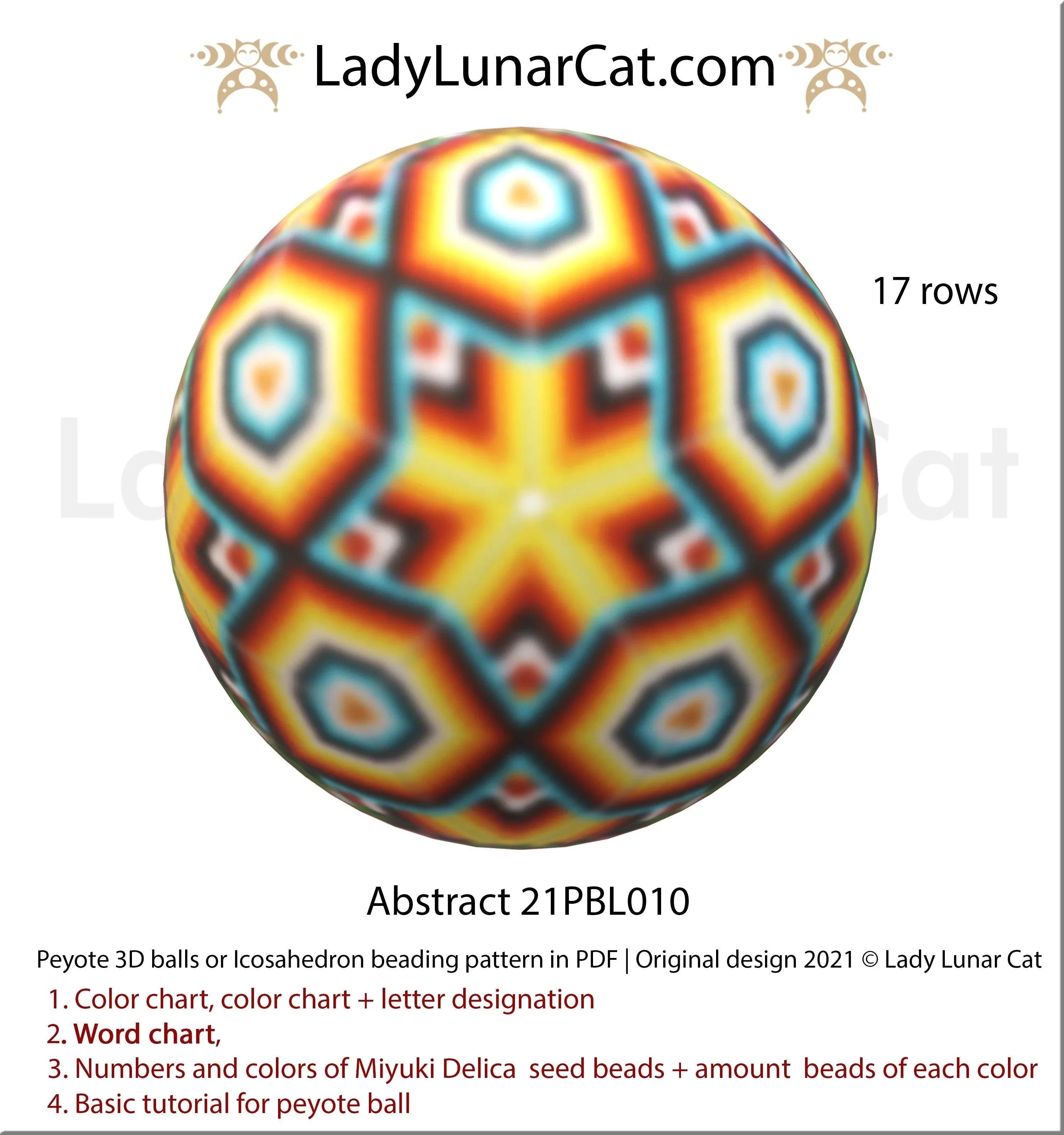 Abstract geometric peyote 3D ball pattern PDF by Lady Lunar Cat — icosahedron 21PBL010