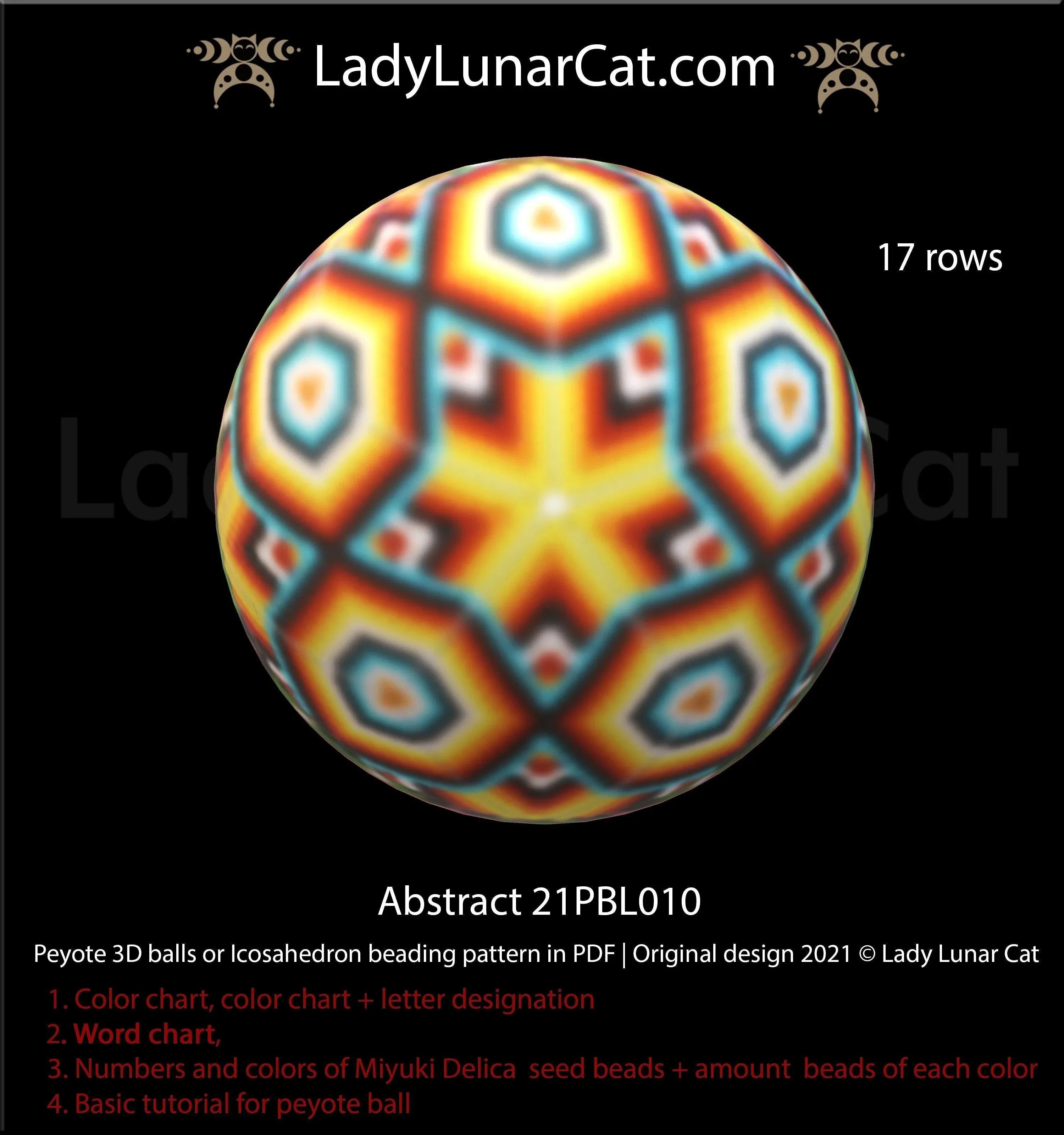 Abstract folk geometric peyote icosahedron — 6 colors, 17 corner rows, Miyuki Delica 11/0