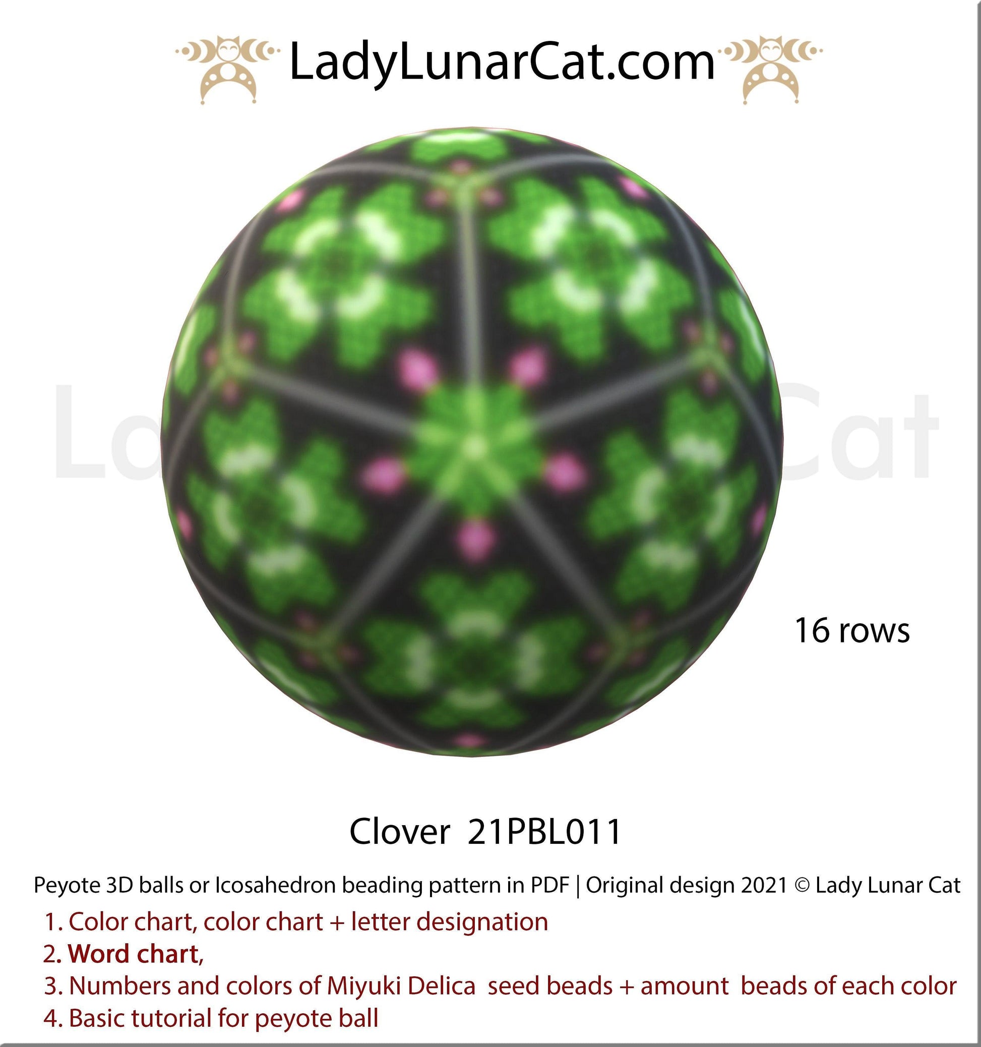 Peyote 3d ball pattern for beading | Beaded Icosahedron Clover  21PBL011 16 rows LadyLunarCat