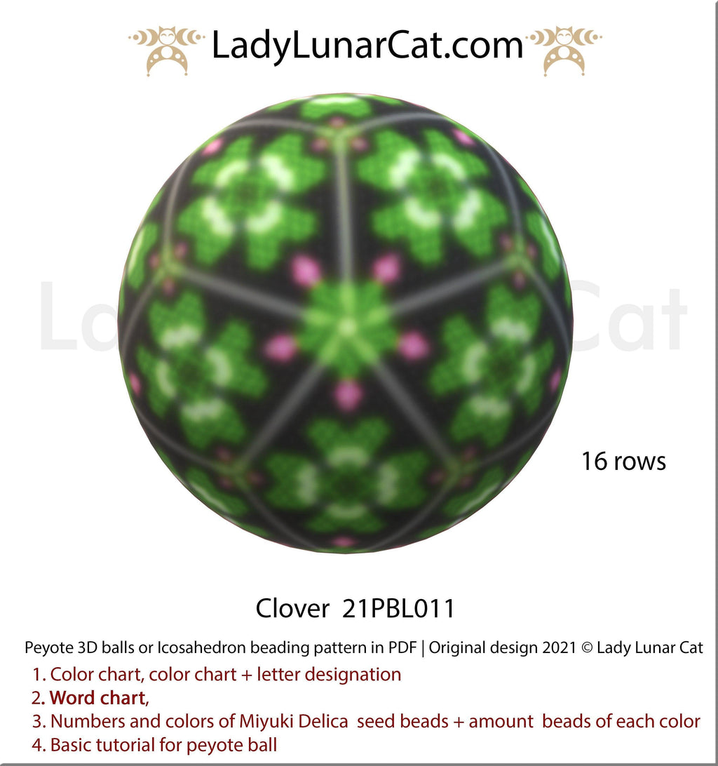 Peyote 3d ball pattern for beading | Beaded Icosahedron Clover  21PBL011 16 rows LadyLunarCat
