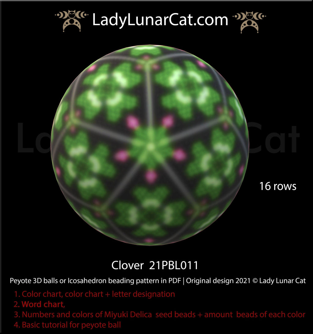 Peyote 3d ball pattern for beading | Beaded Icosahedron Clover  21PBL011 16 rows LadyLunarCat