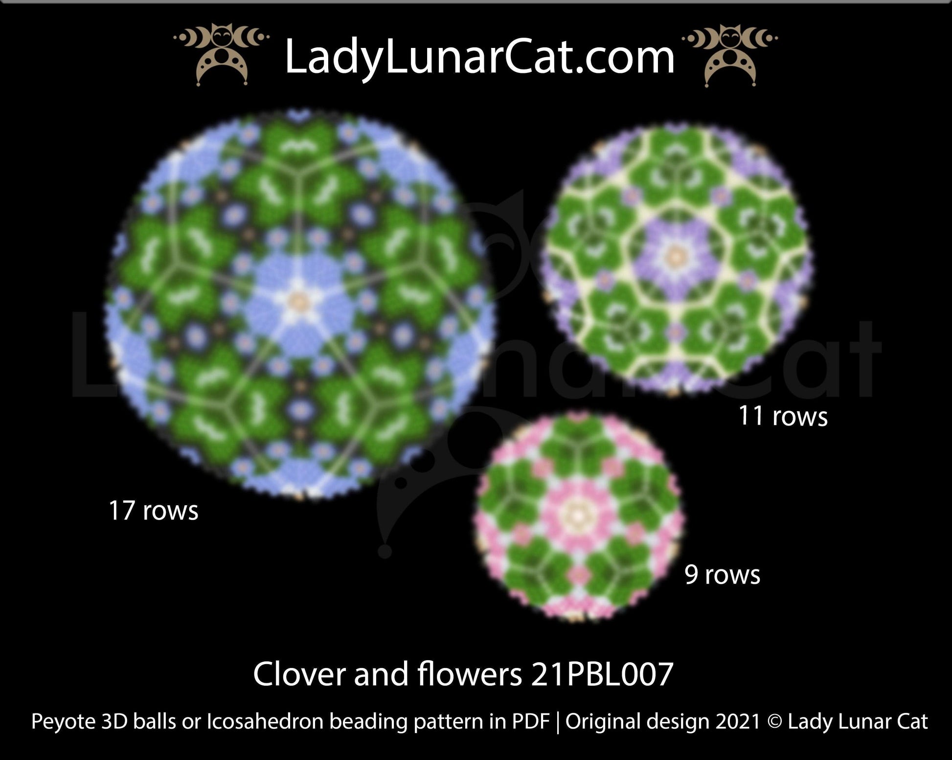 Peyote 3d ball pattern for beading | Beaded Icosahedron Clover and flowers 21PBL007 15/11/9 rows LadyLunarCat