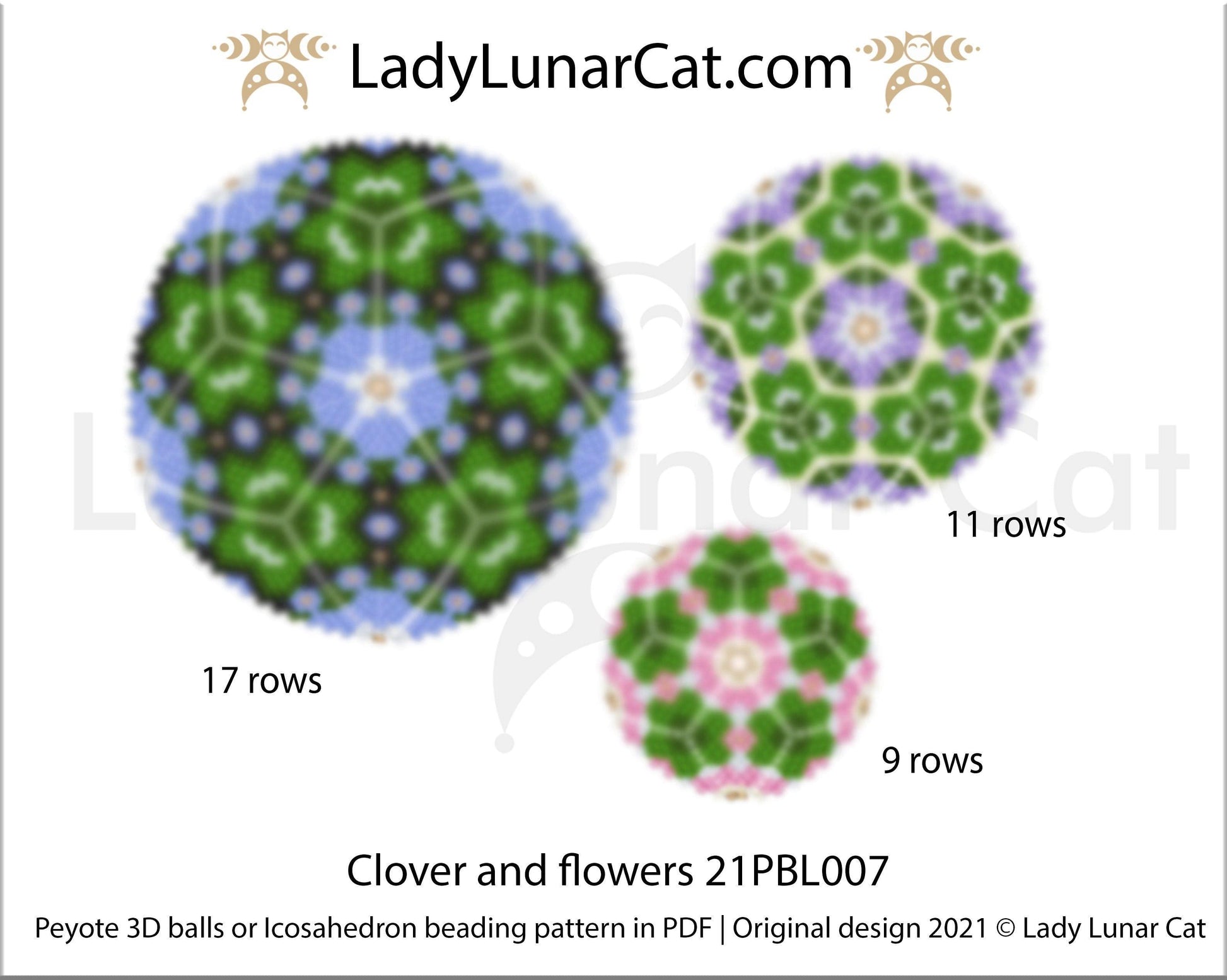 Peyote 3d ball pattern for beading | Beaded Icosahedron Clover and flowers 21PBL007 15/11/9 rows LadyLunarCat