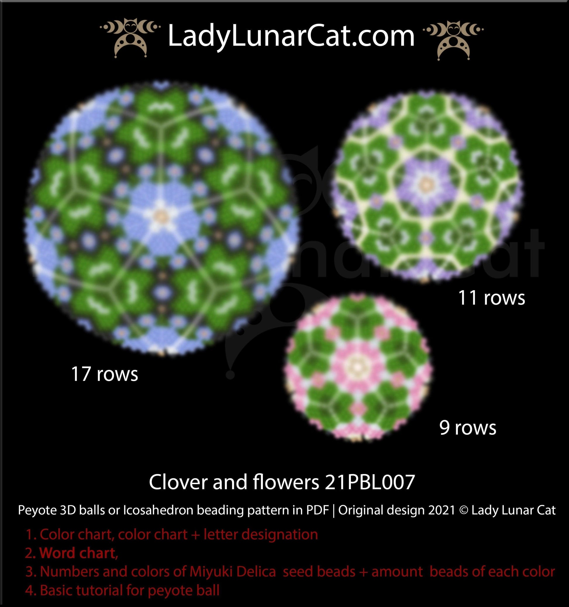 Peyote 3d ball pattern for beading | Beaded Icosahedron Clover and flowers 21PBL007 15/11/9 rows LadyLunarCat