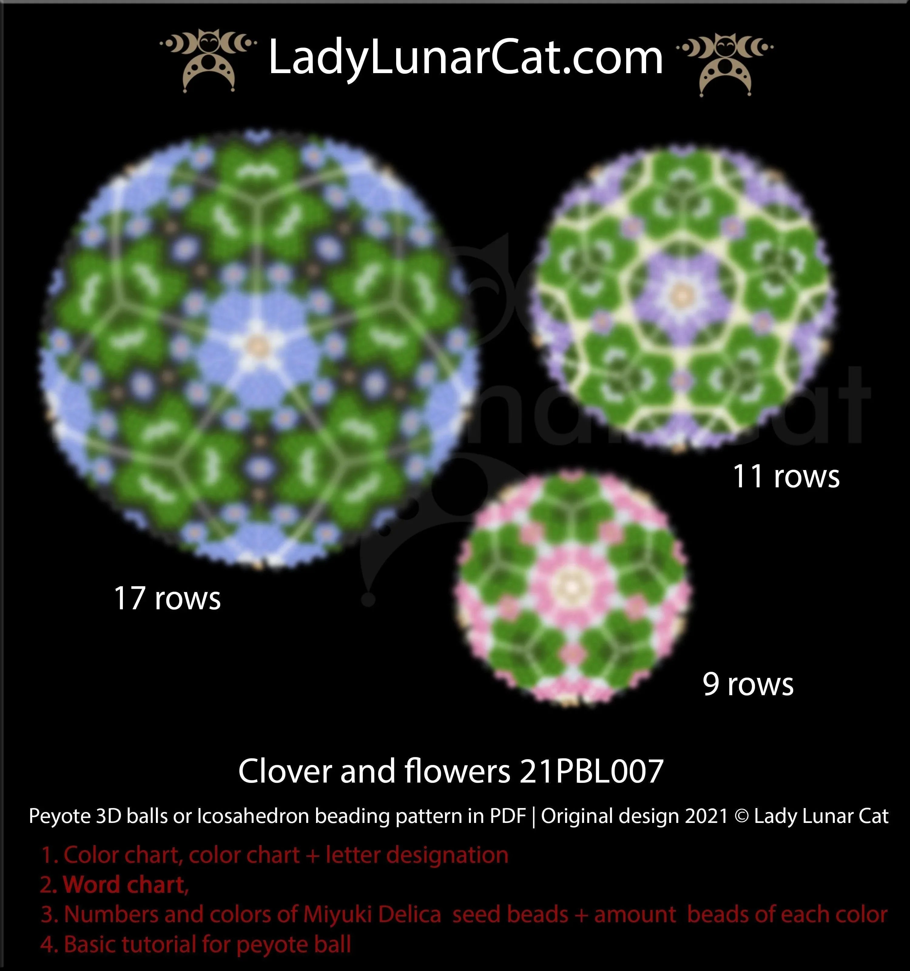 Clover peyote ball - 17 rows 6 colors lucky green spring Miyuki Delica LadyLunarCat