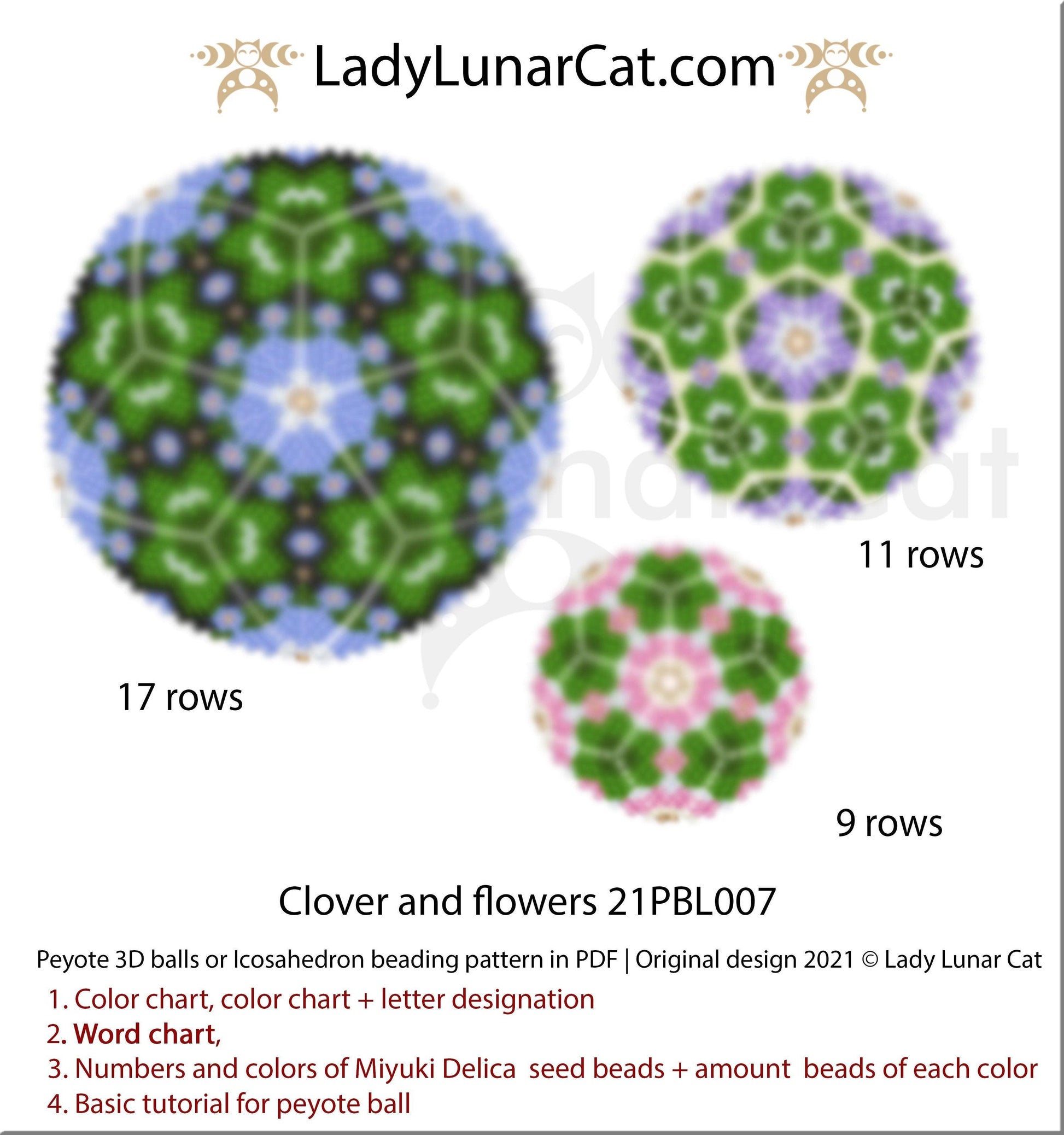Peyote 3d ball pattern for beading | Beaded Icosahedron Clover and flowers 21PBL007 15/11/9 rows LadyLunarCat
