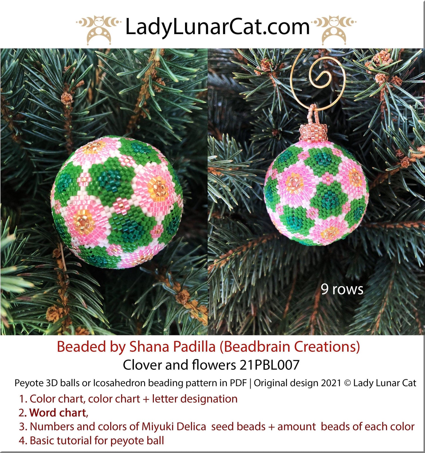 Peyote 3d ball pattern for beading | Beaded Icosahedron Clover and flowers 21PBL007 15/11/9 rows LadyLunarCat