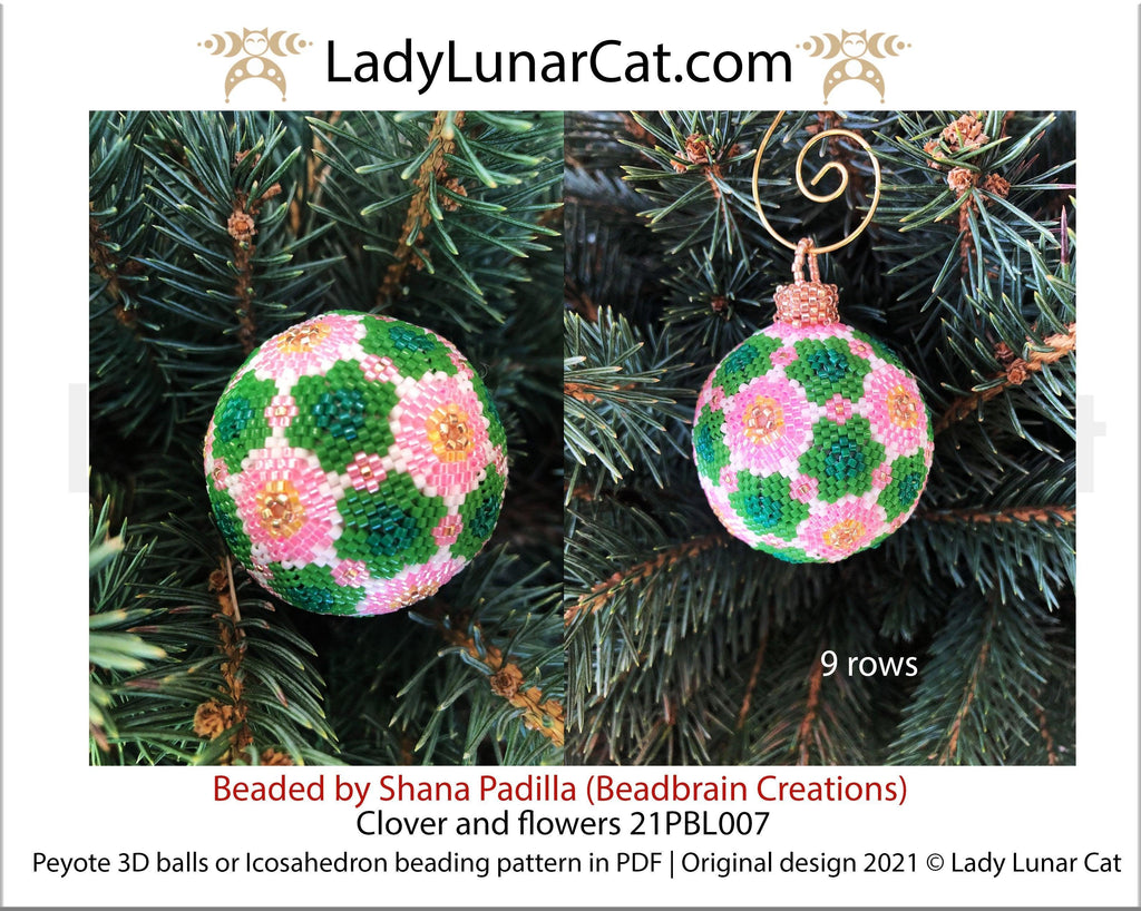 Peyote 3d ball pattern for beading | Beaded Icosahedron Clover and flowers 21PBL007 15/11/9 rows LadyLunarCat