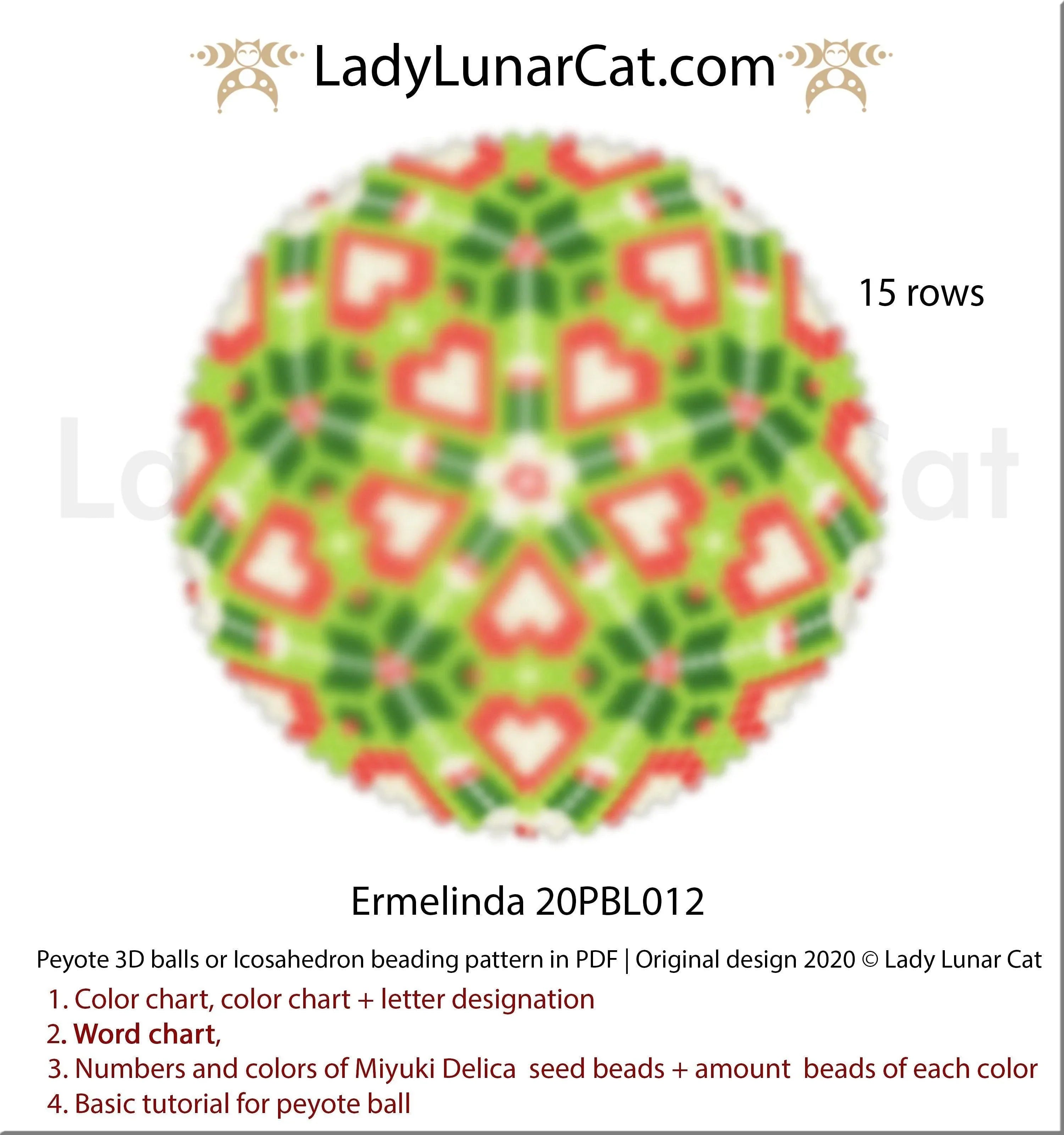 Ermelinda hearts peyote 3D ball by Lady Lunar Cat — Christmas gift Valentine's Day beading PDF 20PBL012