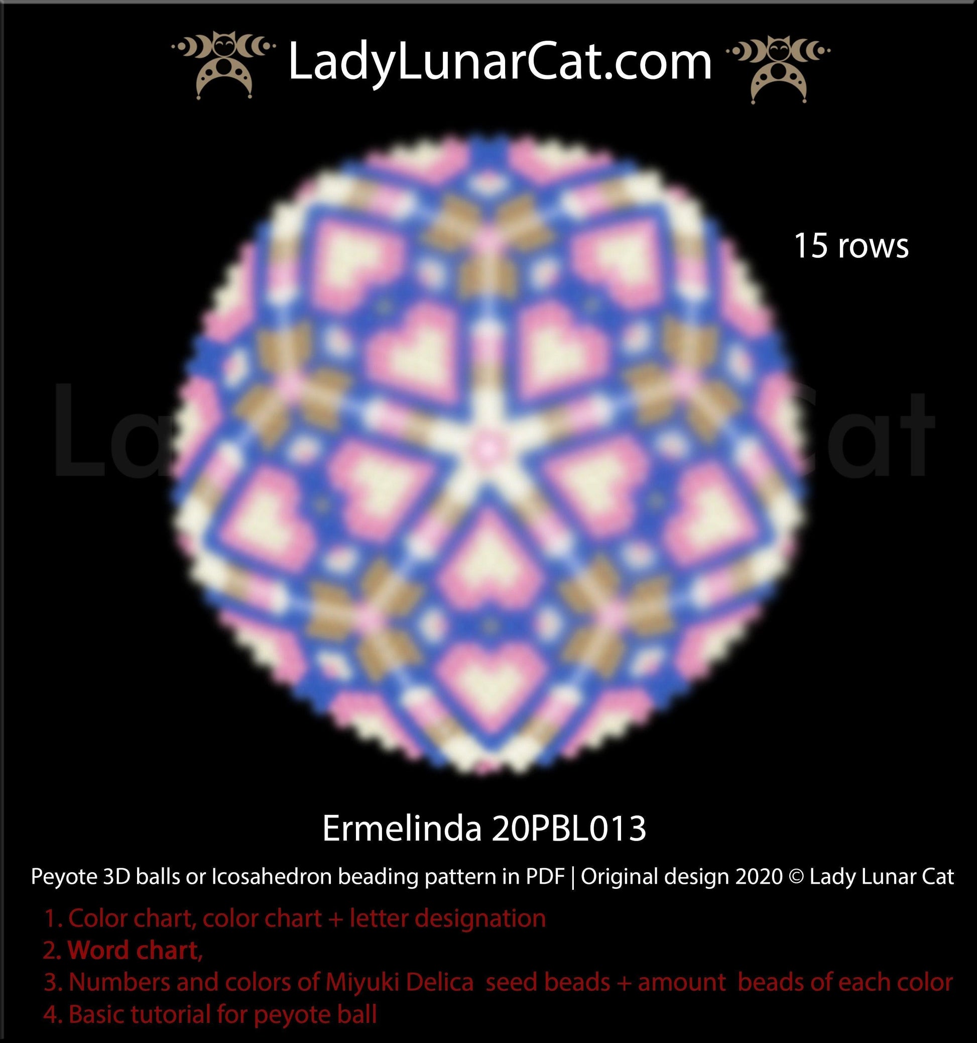 Peyote 3d ball pattern for beading | Beaded Icosahedron Ermelinda 20PBL013 15 rows LadyLunarCat
