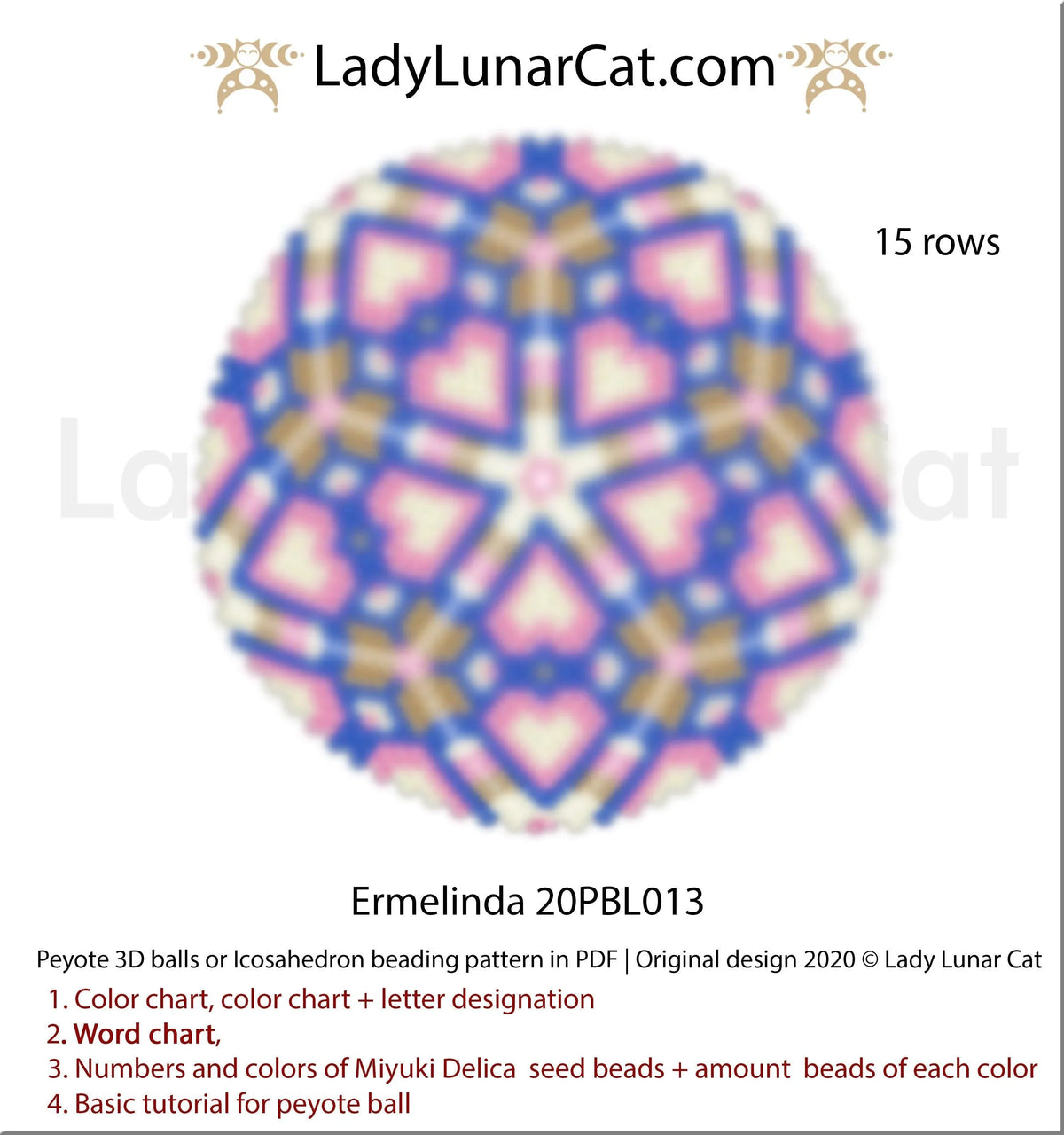 Ermelinda hearts peyote 3D ball by Lady Lunar Cat — Valentine's Day icosahedron beading PDF 20PBL013