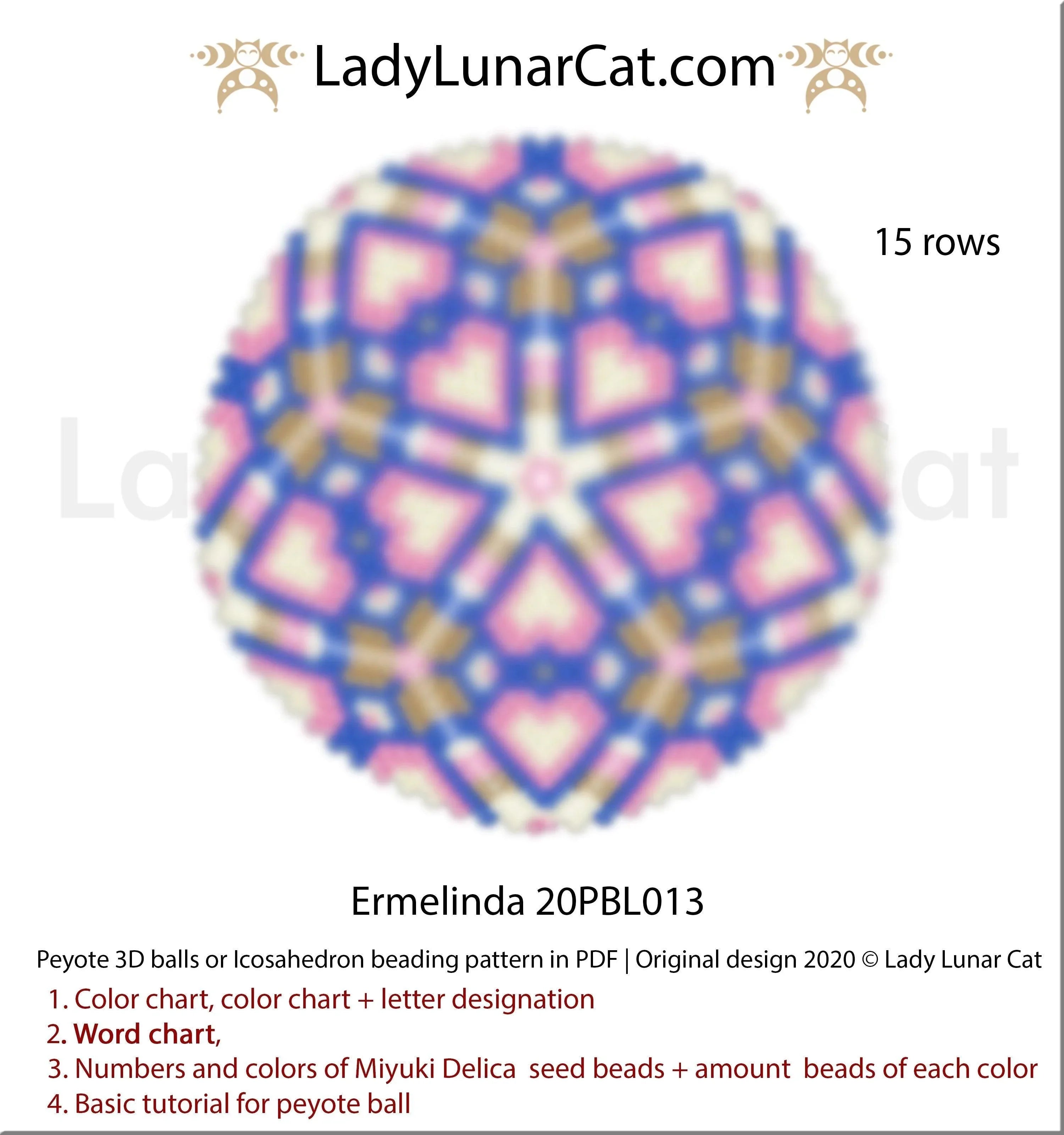 Ermelinda hearts peyote 3D ball by Lady Lunar Cat — Valentine's Day icosahedron beading PDF 20PBL013