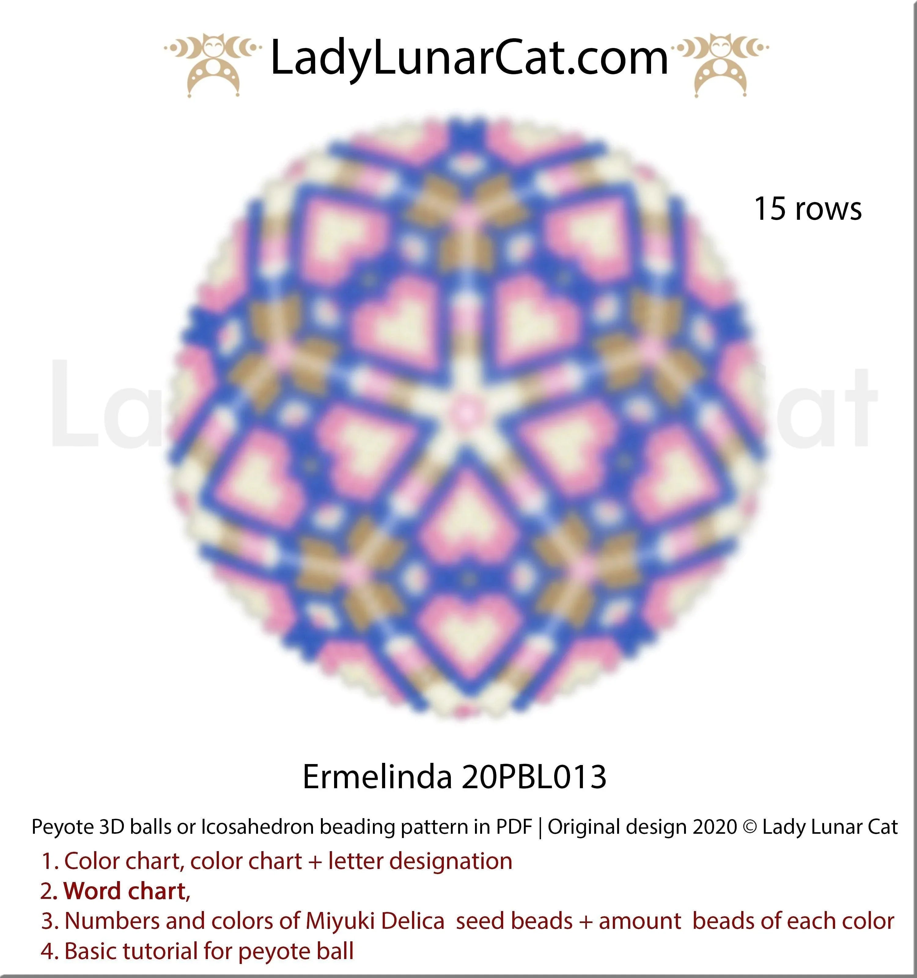 3D peyote ball Ermelinda hearts — Valentine's Day love gift icosahedron instant download LadyLunarCat