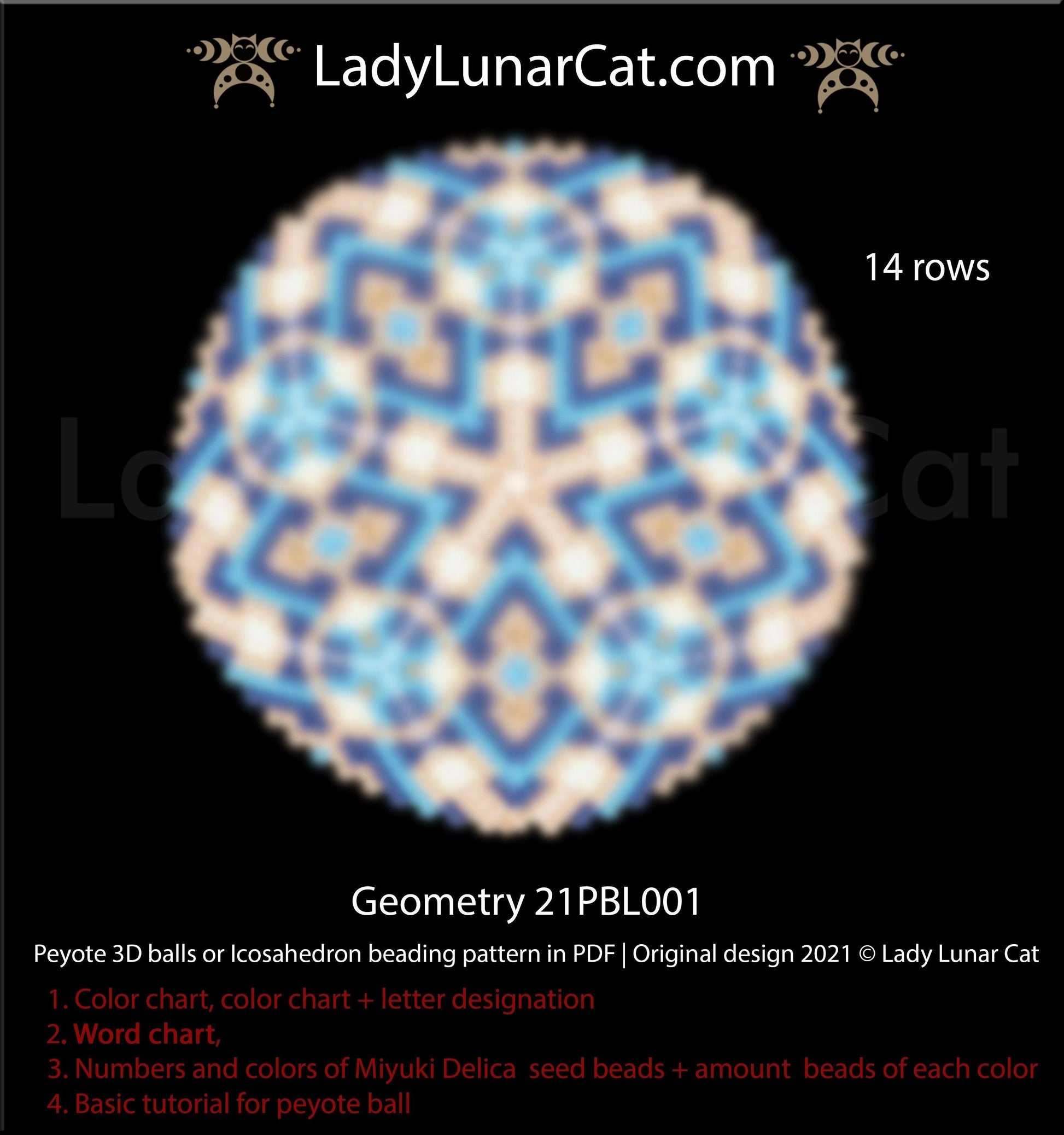 Peyote 3d ball pattern for beading | Beaded Icosahedron Geometry 21PBL001 14 rows LadyLunarCat