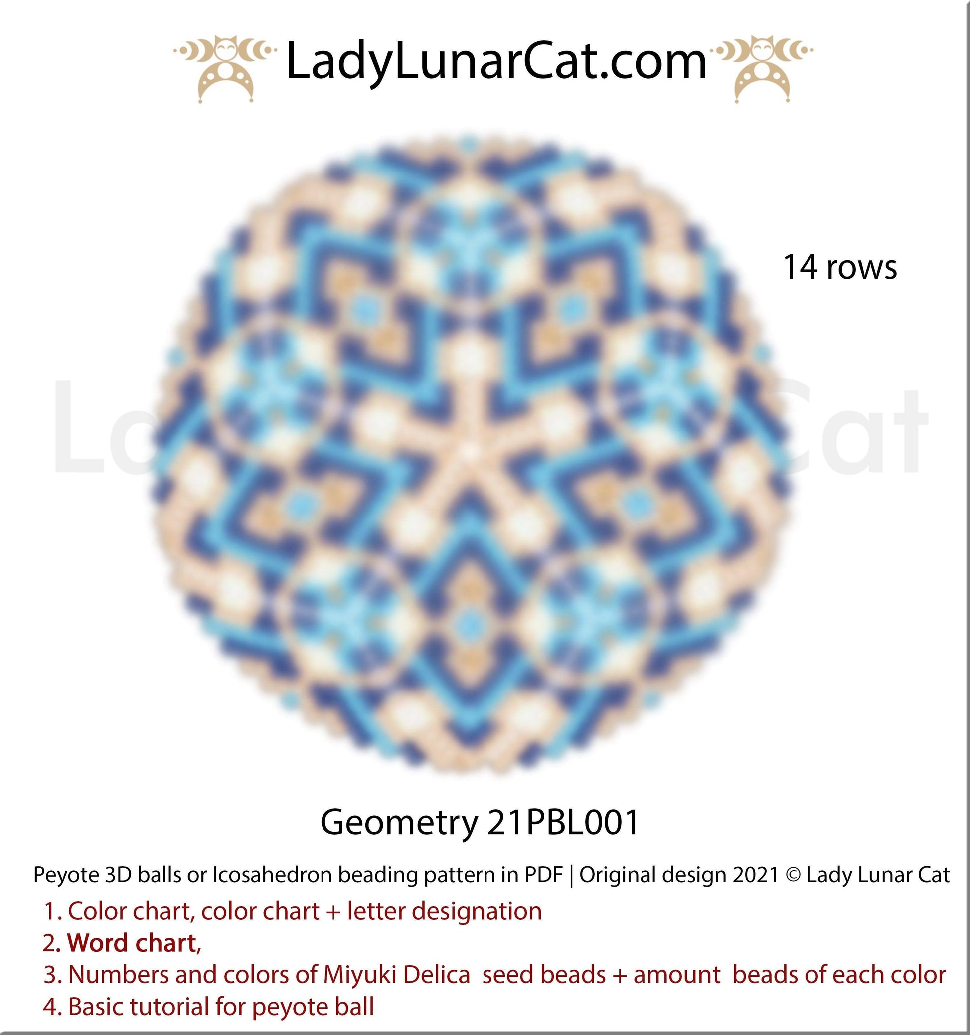 Peyote 3d ball pattern for beading | Beaded Icosahedron Geometry 21PBL001 14 rows LadyLunarCat