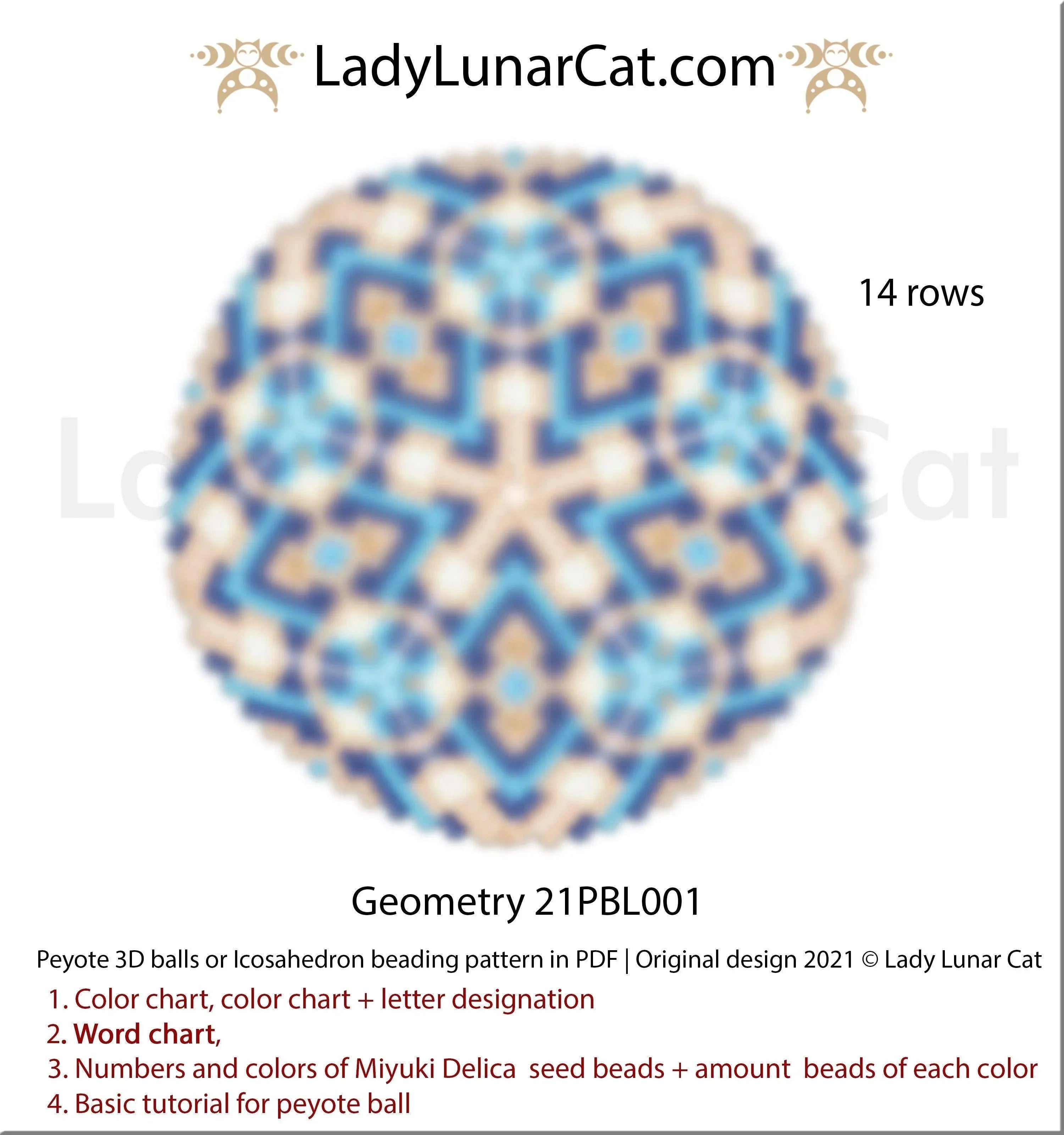 Geometry peyote 3D ball pattern by Lady Lunar Cat — universal icosahedron beading PDF 21PBL001