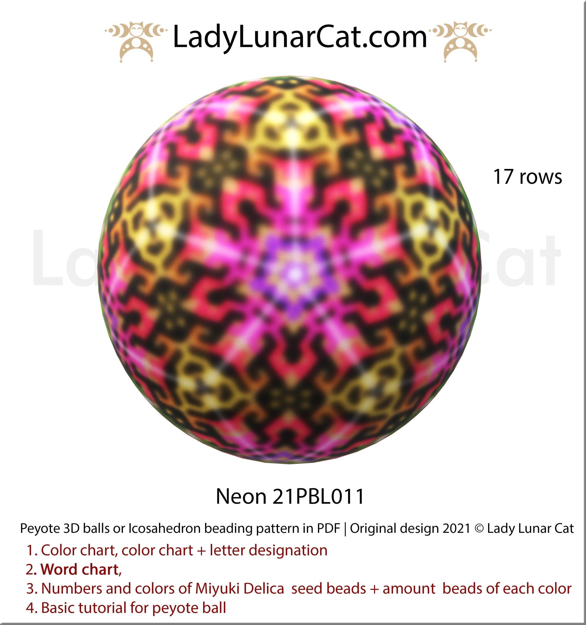 Peyote 3d ball pattern for beading | Beaded Icosahedron Neon 21PBL011 17 rows LadyLunarCat