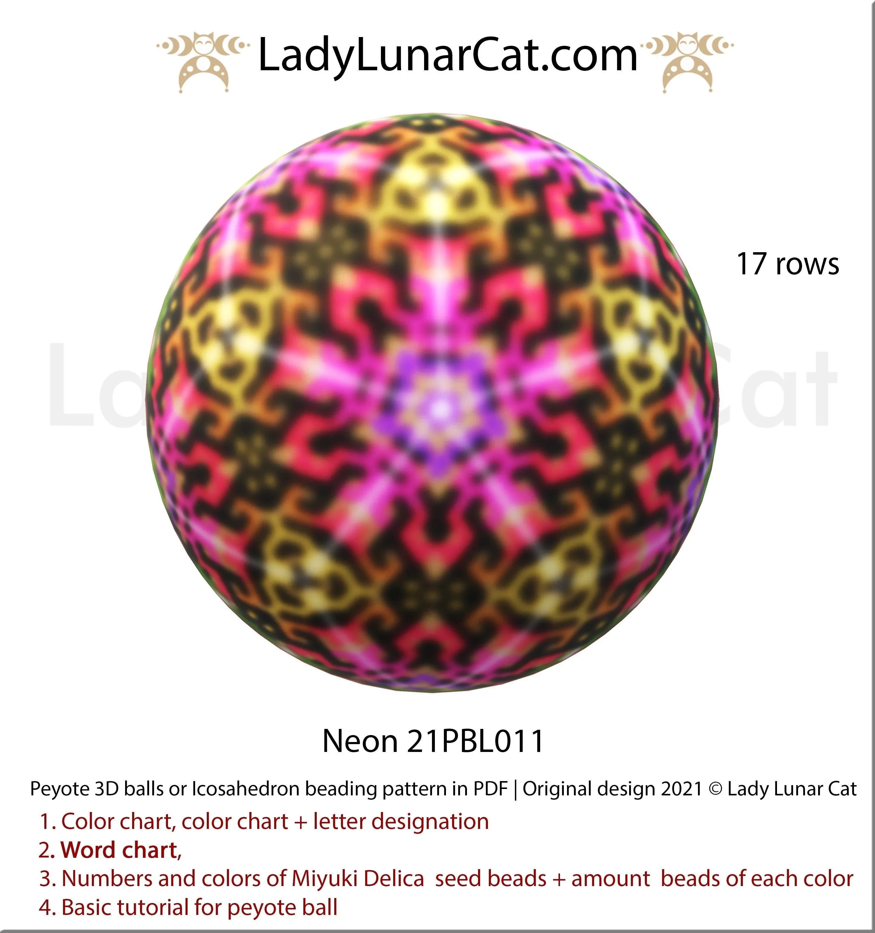 Neon colorful peyote icosahedron beading pattern — 7 colors, 17 corner rows, Miyuki Delica 11/0