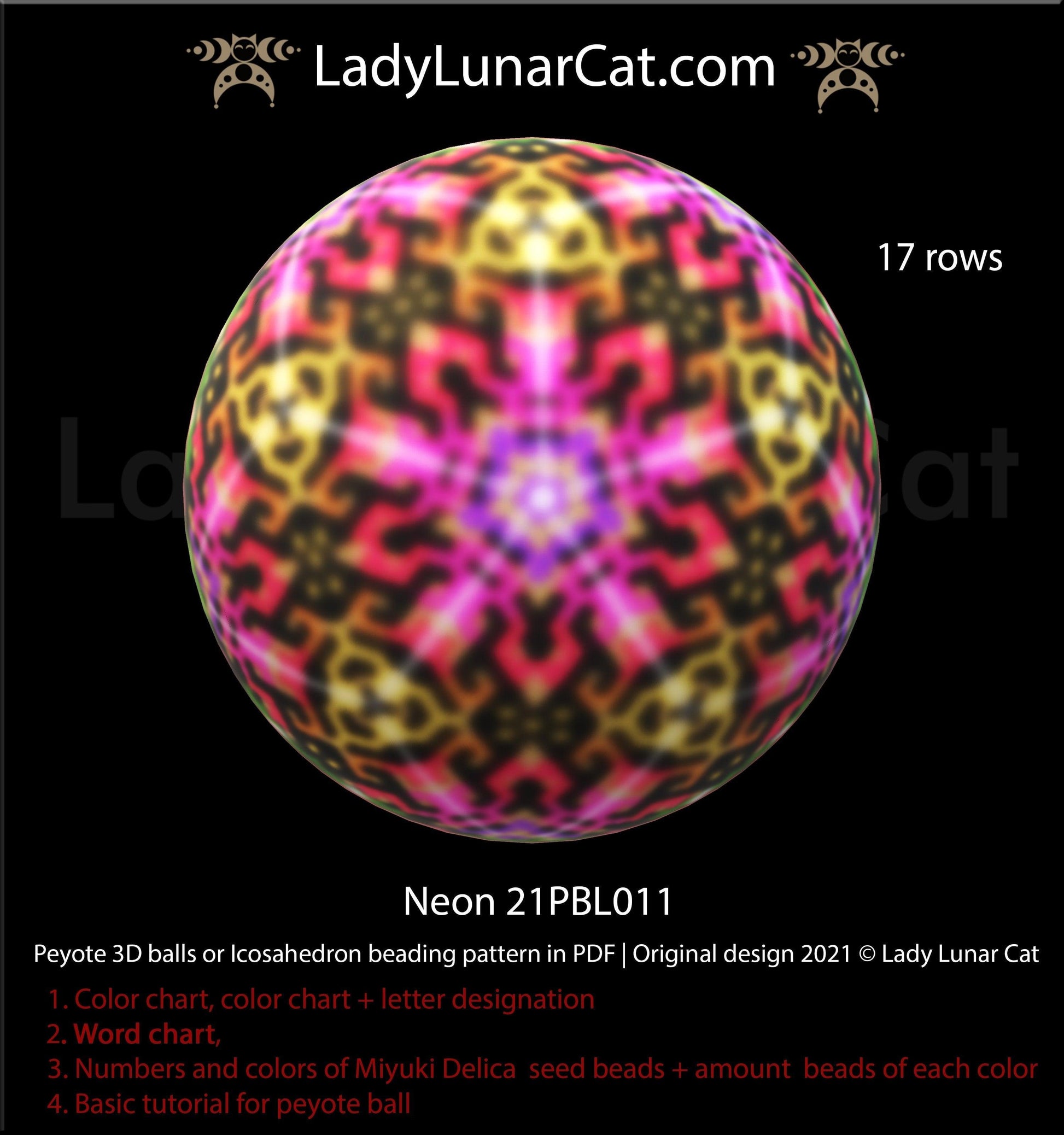 Peyote 3d ball pattern for beading | Beaded Icosahedron Neon 21PBL011 17 rows LadyLunarCat