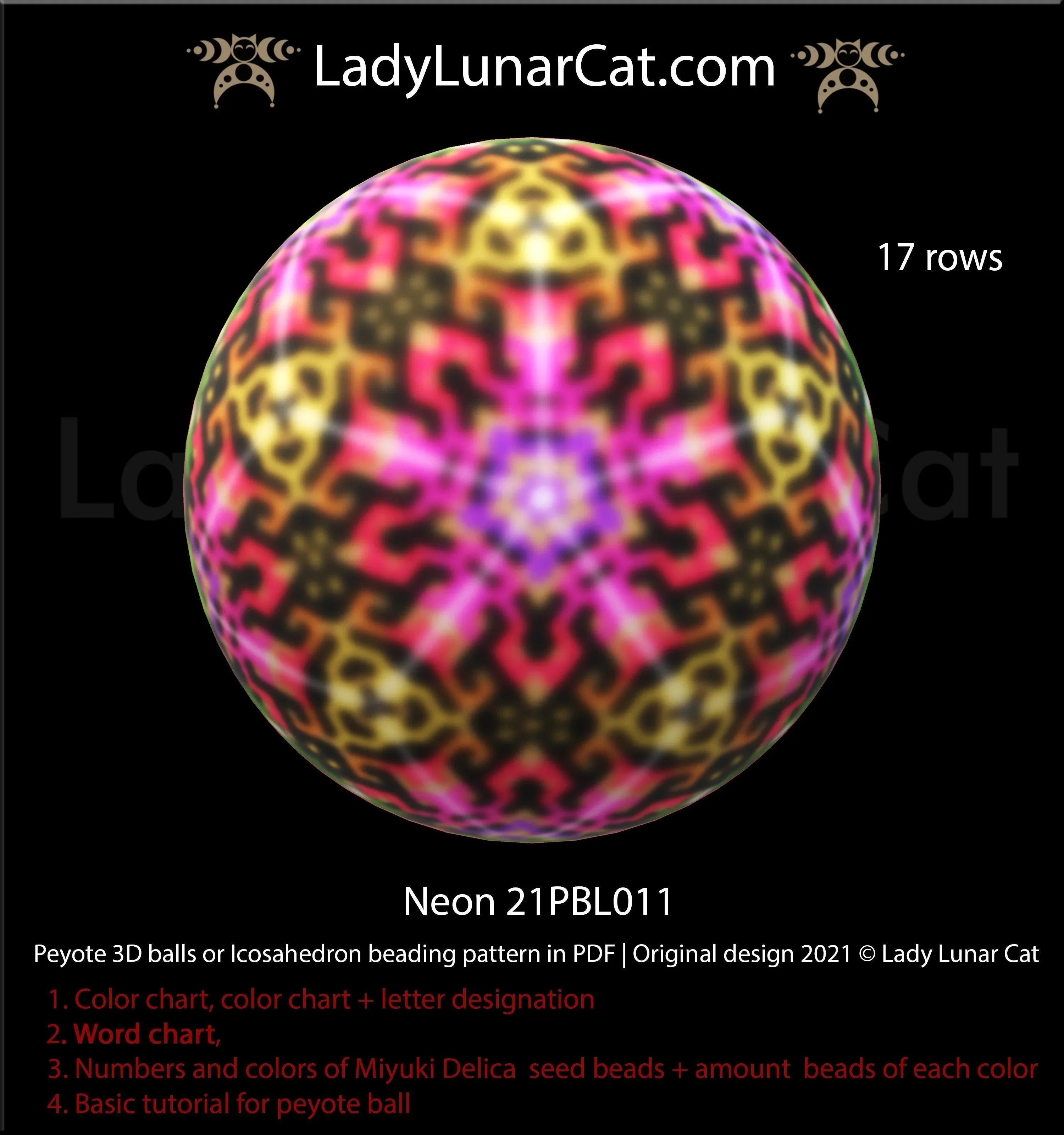 Neon peyote 3D ball pattern PDF by Lady Lunar Cat — colorful icosahedron 21PBL012