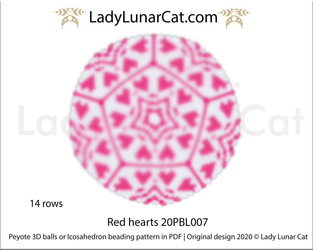 Peyote 3d ball pattern for beading | Beaded Icosahedron Red hearts 20PBL007 14 rows LadyLunarCat