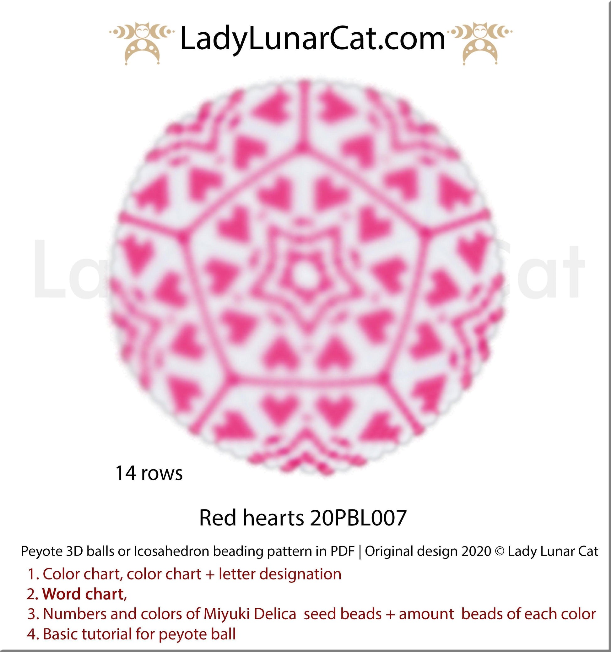 Peyote 3d ball pattern for beading | Beaded Icosahedron Red hearts 20PBL007 14 rows LadyLunarCat