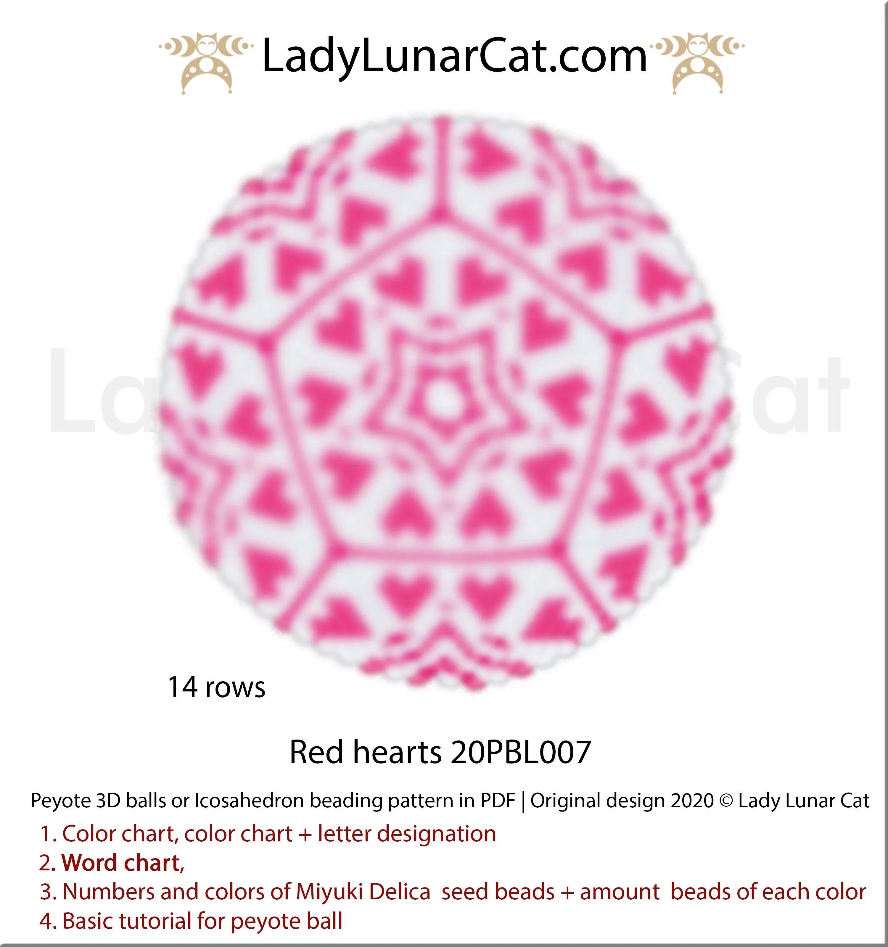 Red hearts peyote 3D ball by Lady Lunar Cat — Valentine's Day Christmas ornament beading PDF 20PBL007