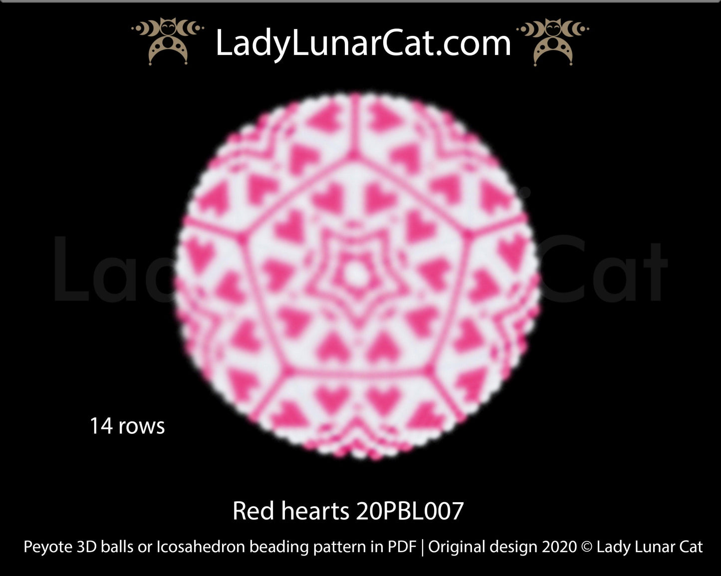 Peyote 3d ball pattern for beading | Beaded Icosahedron Red hearts 20PBL007 14 rows LadyLunarCat