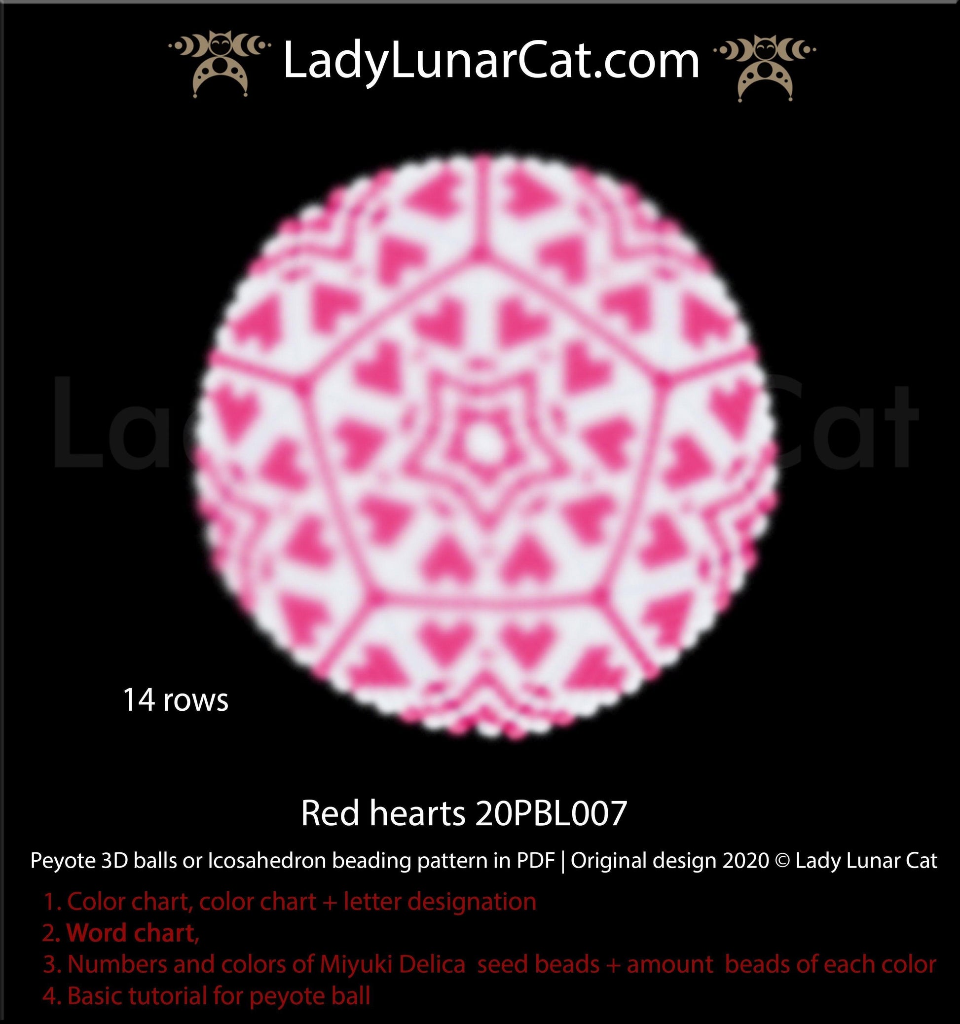 Peyote 3d ball pattern for beading | Beaded Icosahedron Red hearts 20PBL007 14 rows LadyLunarCat