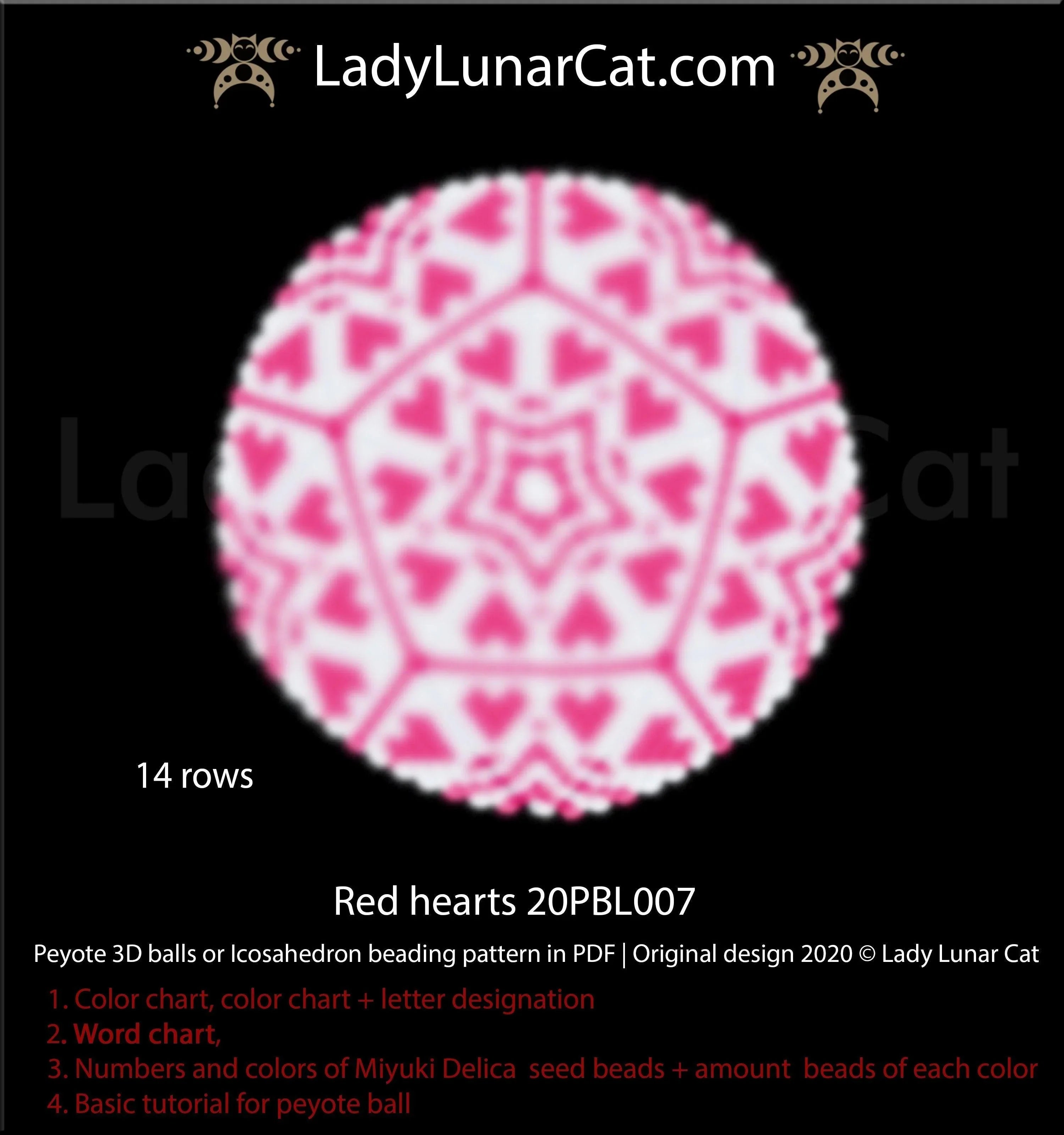 Red hearts beaded icosahedron ball — Valentine's Day Christmas minimal 2 colors peyote LadyLunarCat