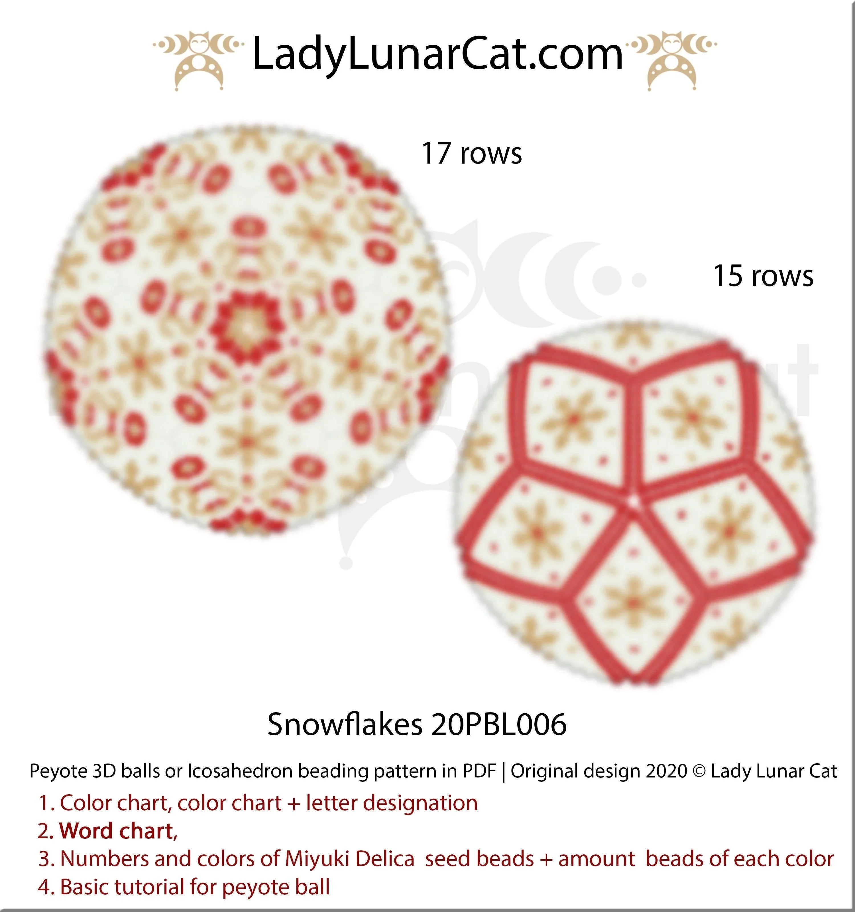 Snowflakes peyote 3D ball by Lady Lunar Cat — 2 sizes gold red Christmas beading PDF 20PBL006