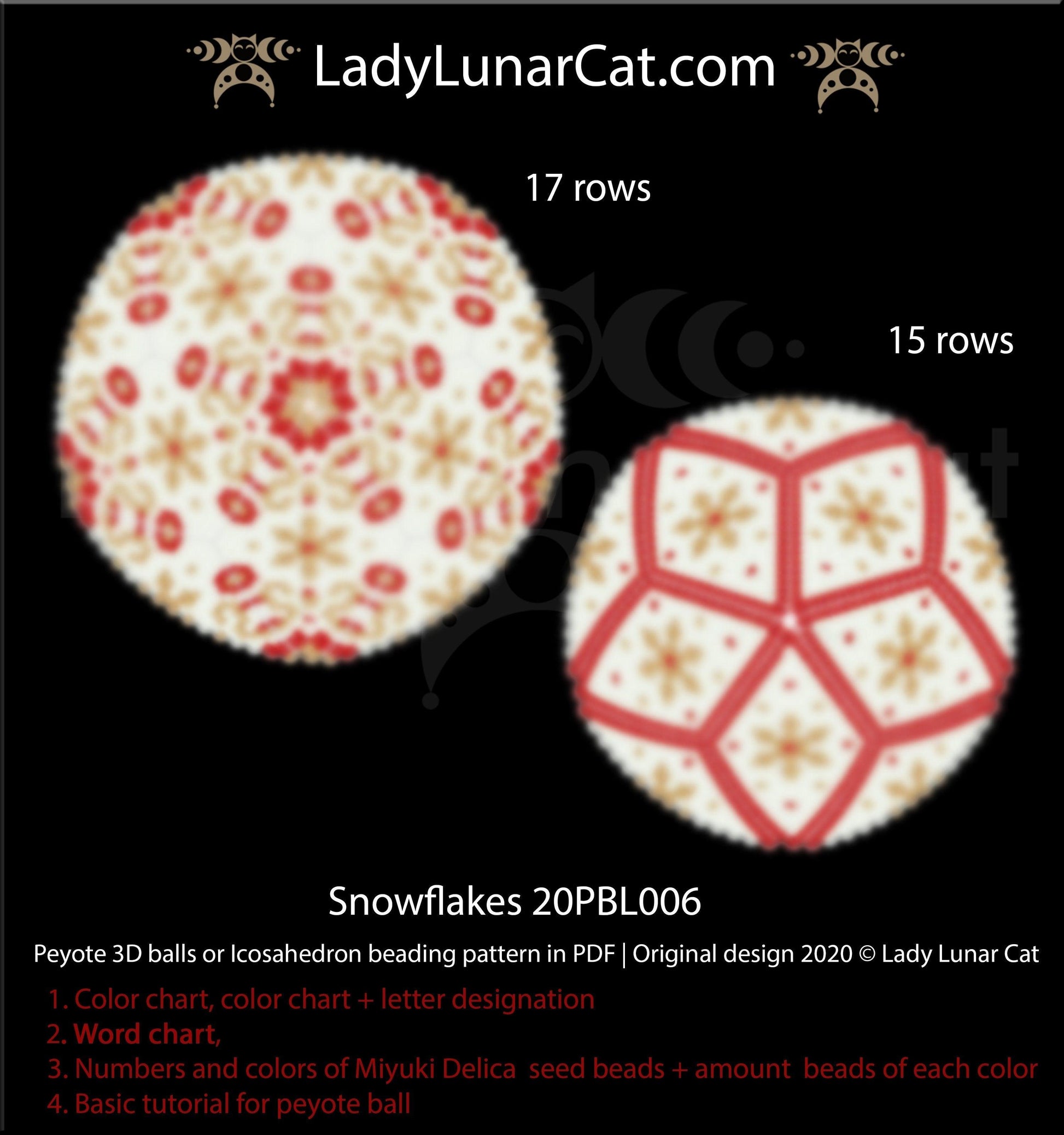 Peyote 3d ball pattern for beading | Beaded Icosahedron Snowflakes 20PBL006 17 rows and 15 rows LadyLunarCat
