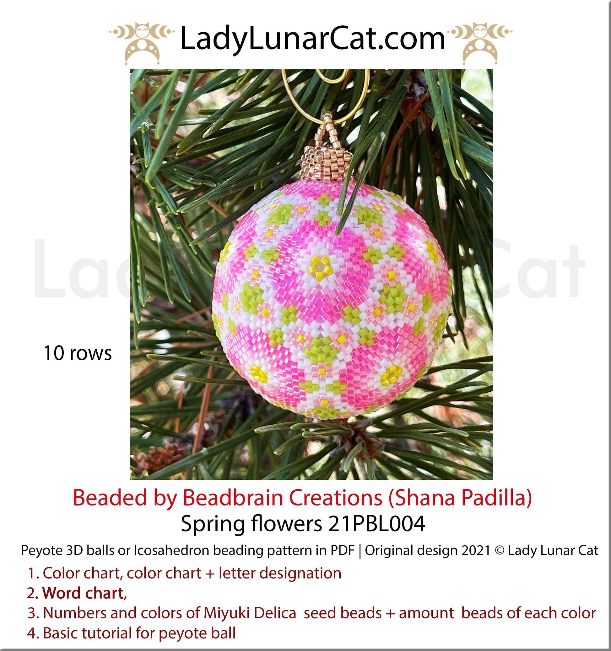 Peyote 3d ball pattern for beading | Beaded Icosahedron Spring flowers 21PBL004 10 and 9 rows LadyLunarCat