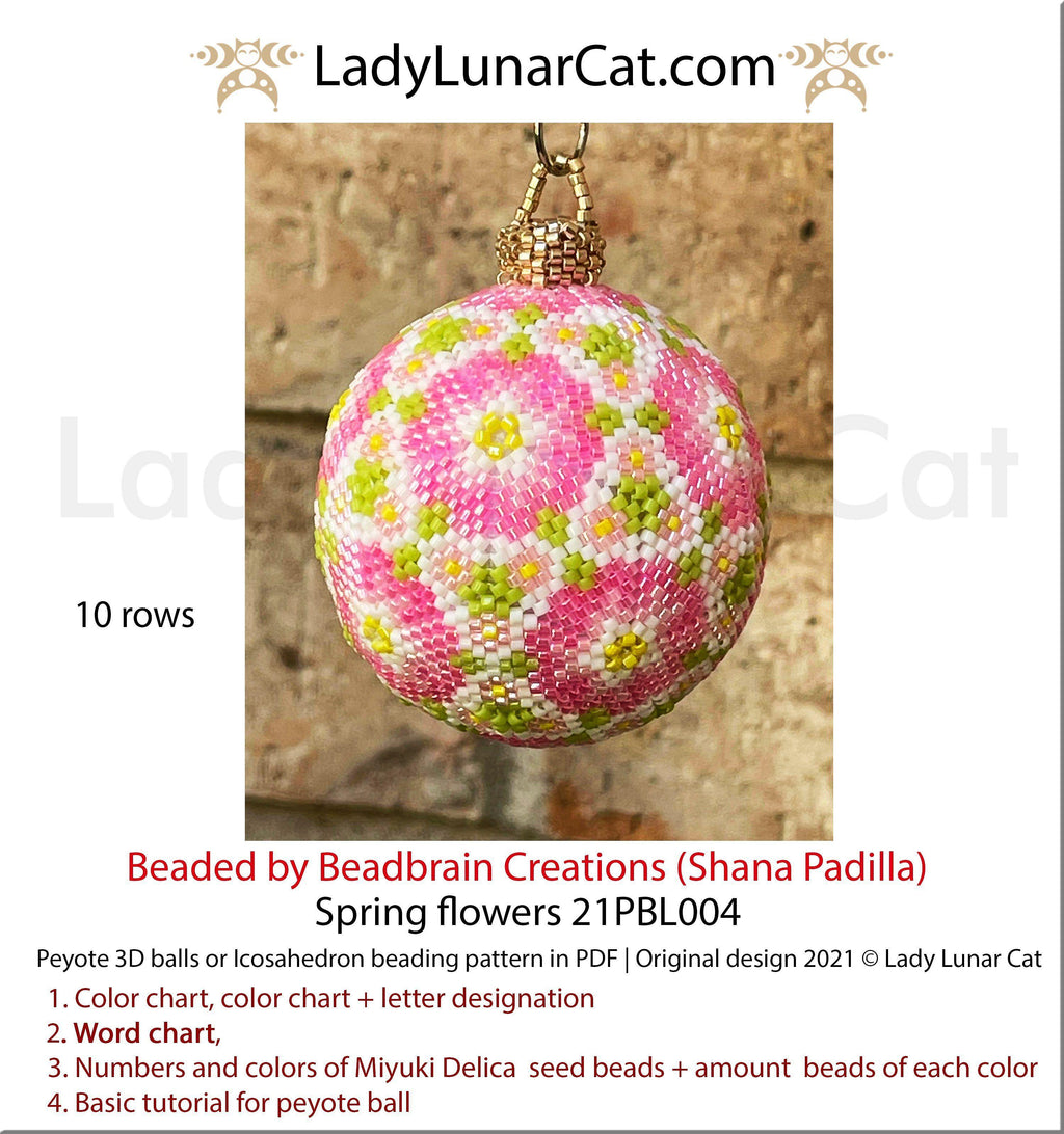 Peyote 3d ball pattern for beading | Beaded Icosahedron Spring flowers 21PBL004 10 and 9 rows LadyLunarCat