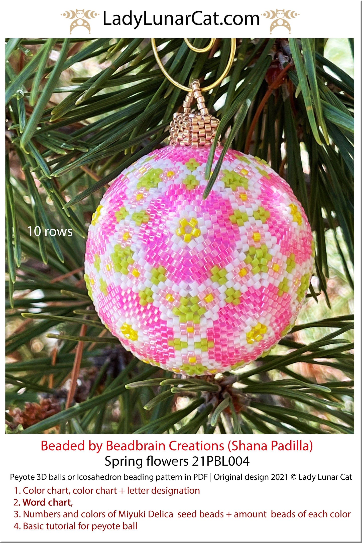 Peyote 3d ball pattern for beading | Beaded Icosahedron Spring flowers 21PBL004 10 and 9 rows LadyLunarCat