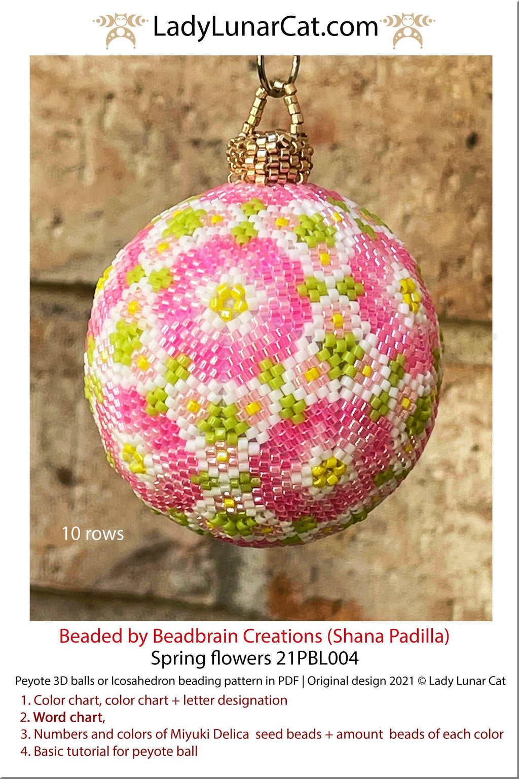 Peyote 3d ball pattern for beading | Beaded Icosahedron Spring flowers 21PBL004 10 and 9 rows LadyLunarCat