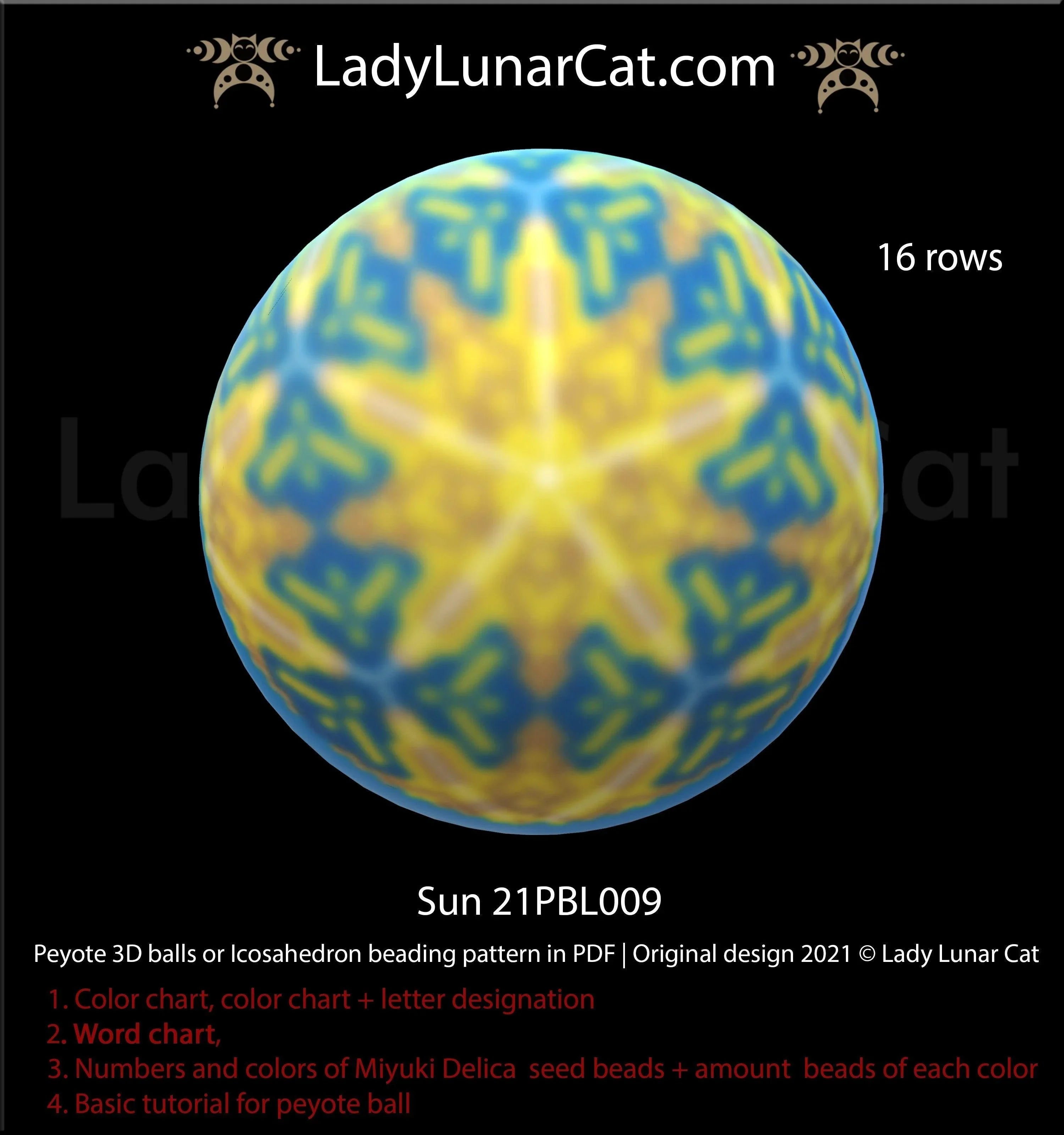 Sun beaded icosahedron full view - golden solar Miyuki Delica 11/0 LadyLunarCat