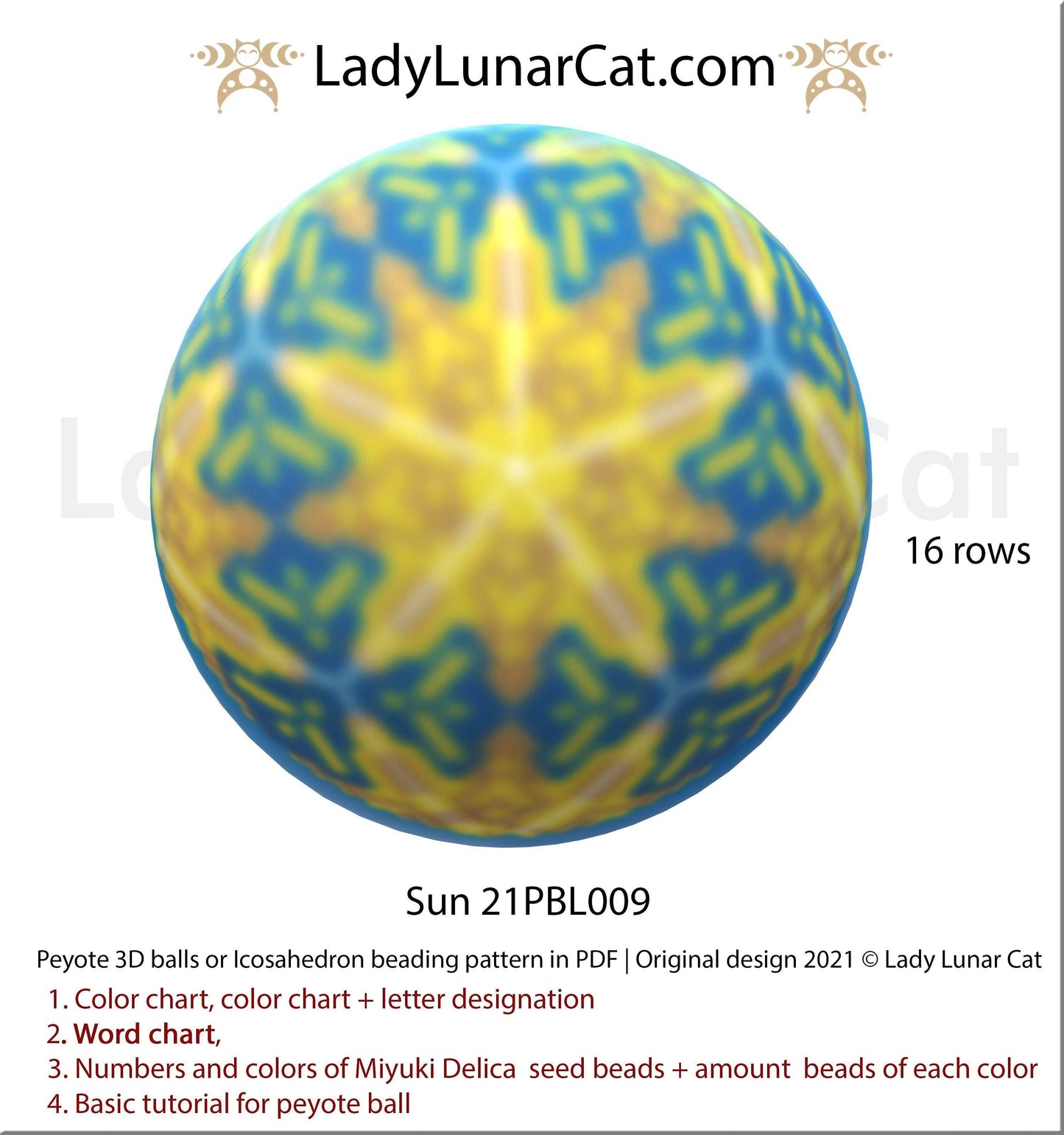 Peyote 3d ball pattern for beading | Beaded Icosahedron Sun 21PBL009 16 rows LadyLunarCat