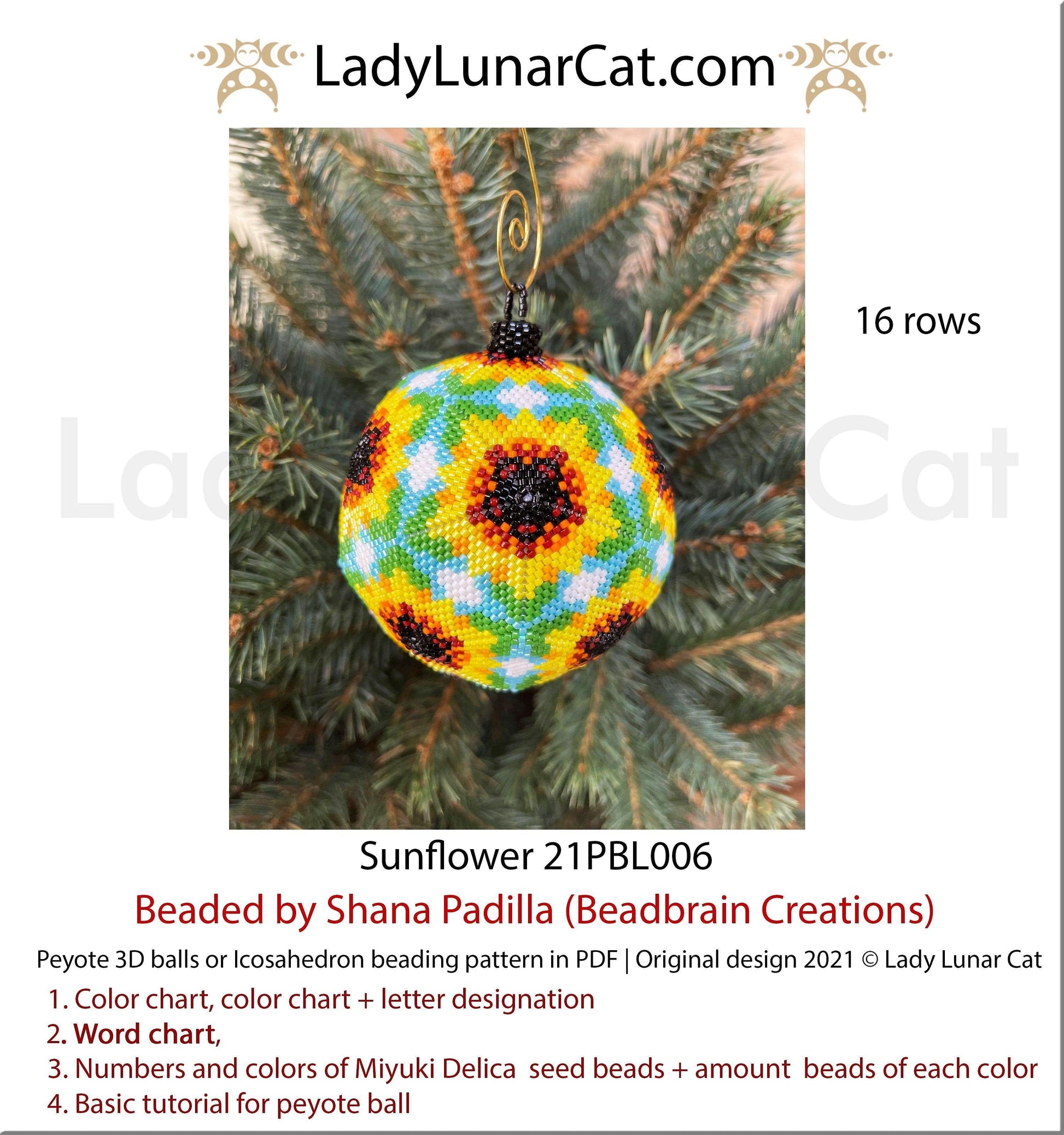 Peyote 3d ball pattern for beading | Beaded Icosahedron Sunflowers  21PBL006 16 rows LadyLunarCat