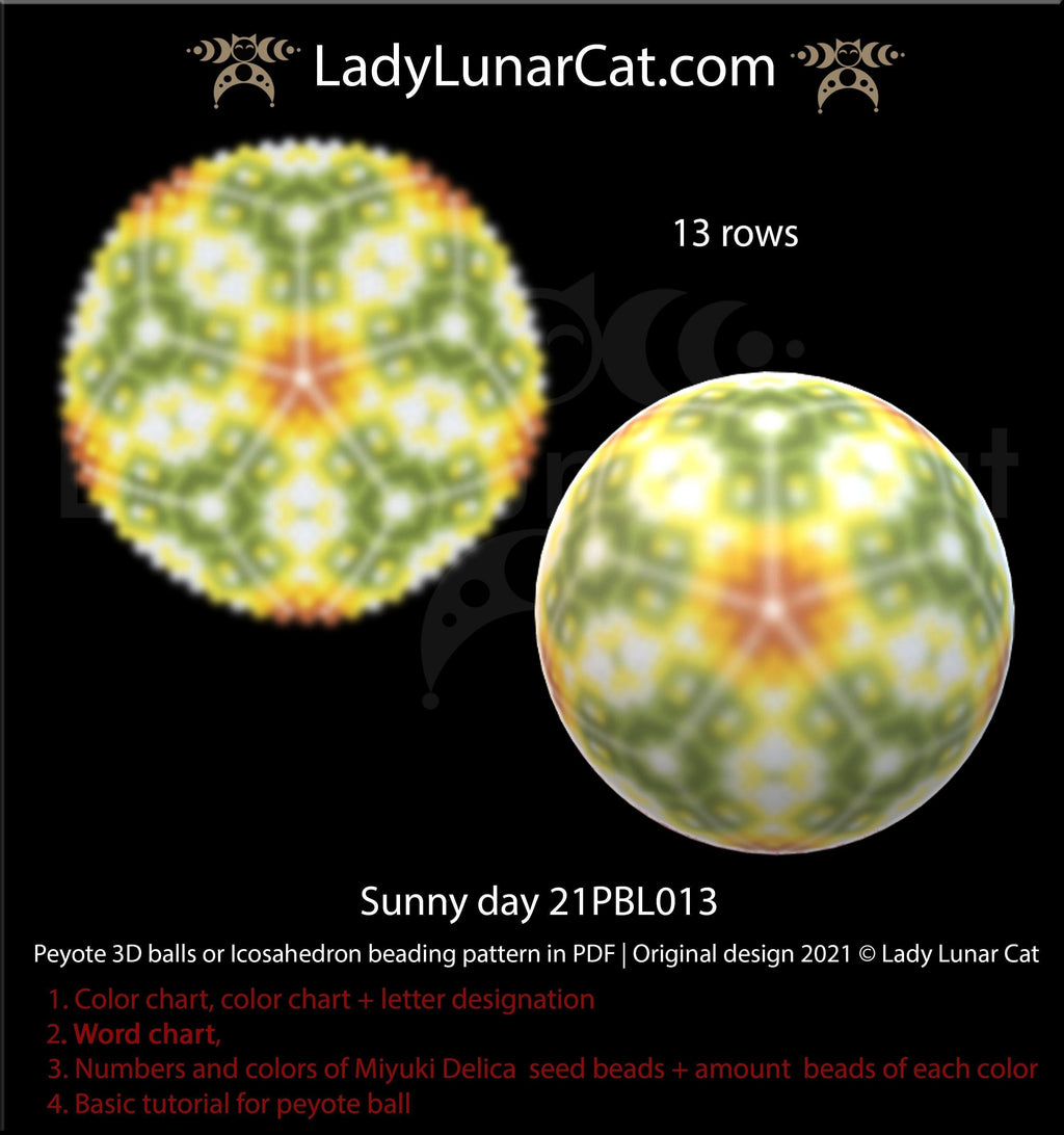Peyote 3d ball pattern for beading | Beaded Icosahedron Sunny day 21PBL013 13 rows LadyLunarCat