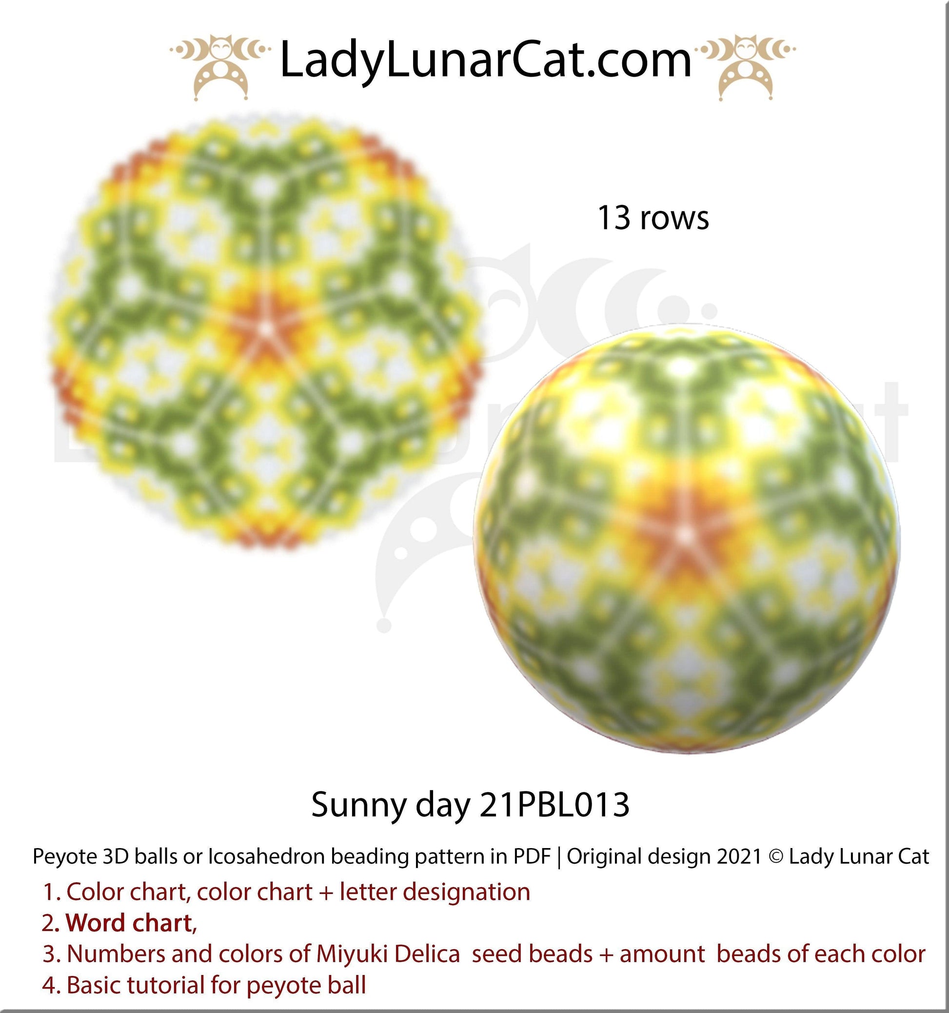 Peyote 3d ball pattern for beading | Beaded Icosahedron Sunny day 21PBL013 13 rows LadyLunarCat