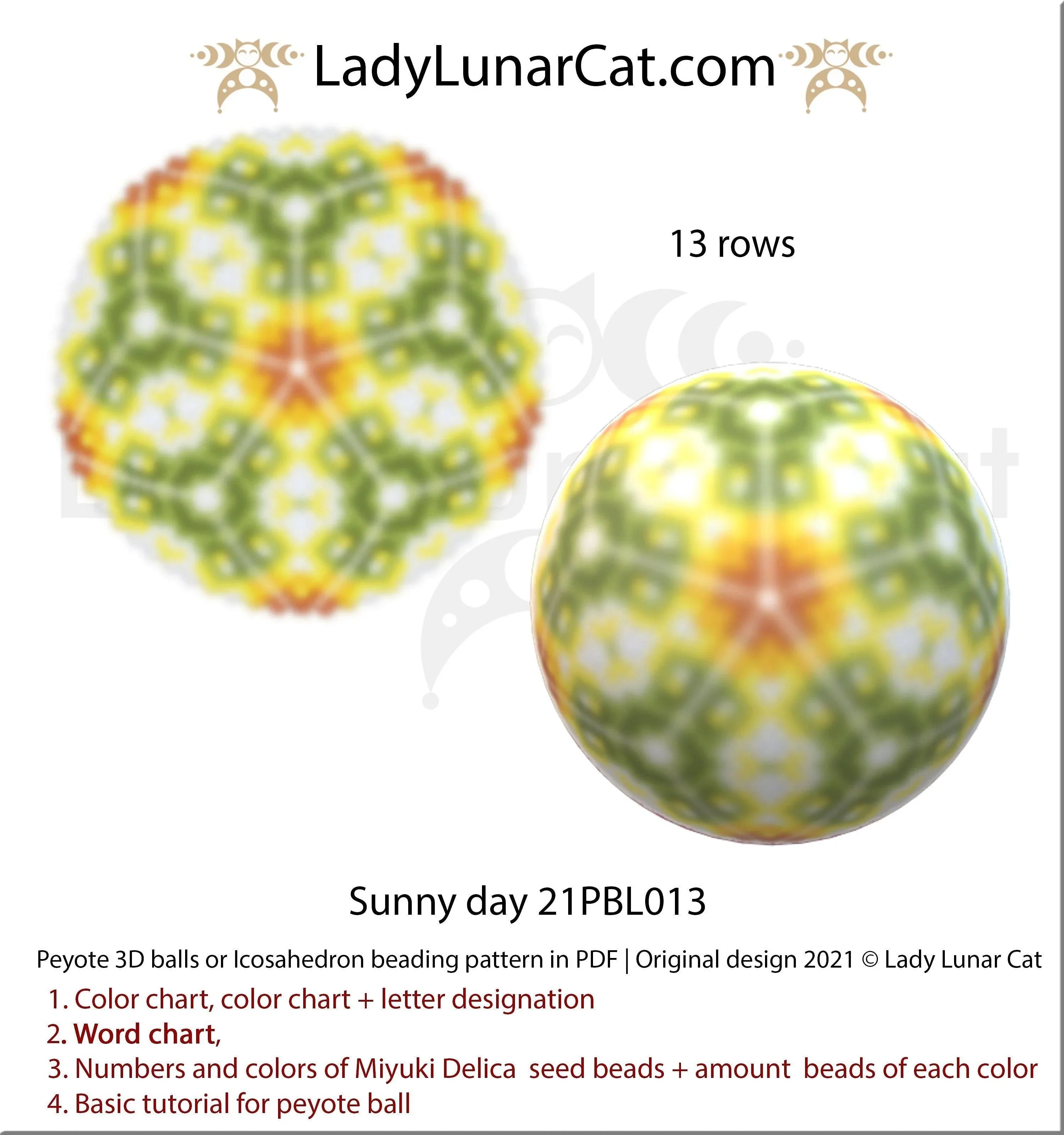 Sunny day floral 3D ball beading pattern preview — colored graph paper and word chart