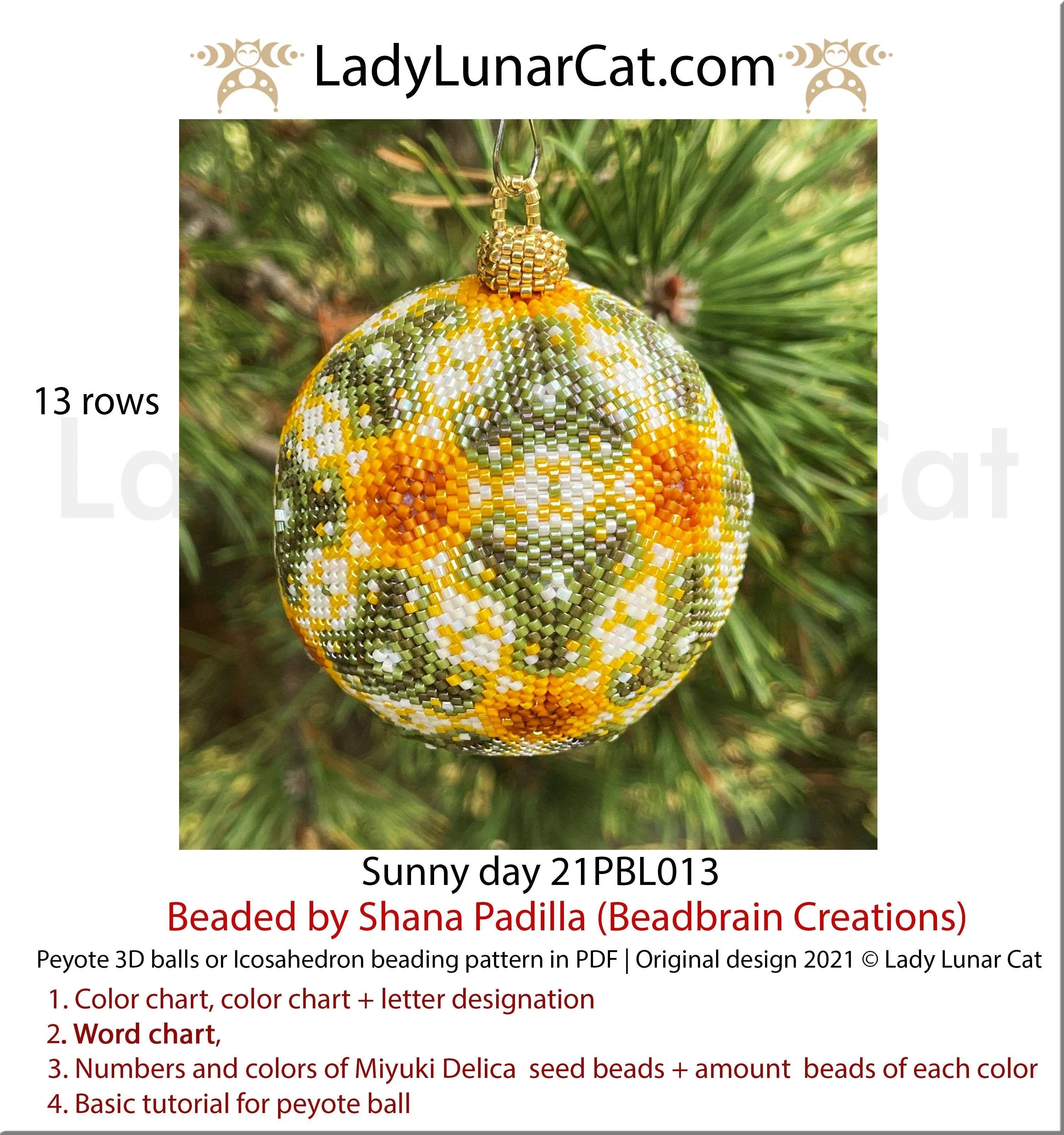 Sunny Day floral peyote 3D ball pattern PDF by Lady Lunar Cat — icosahedron 21PBL013