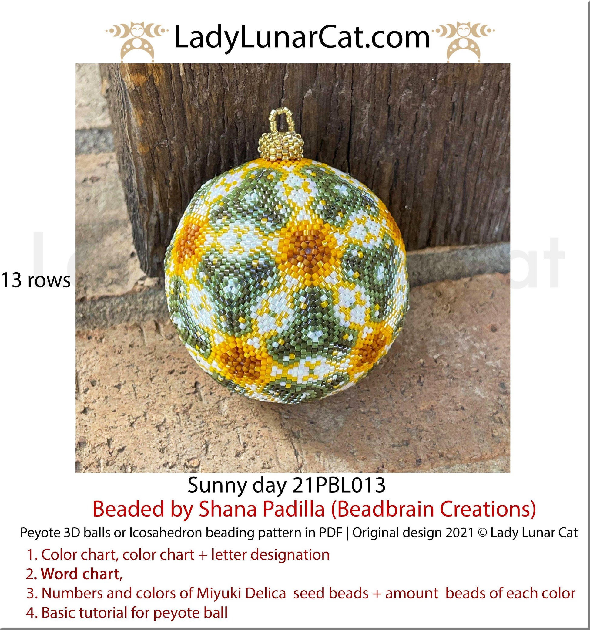 Peyote 3d ball pattern for beading | Beaded Icosahedron Sunny day 21PBL013 13 rows LadyLunarCat