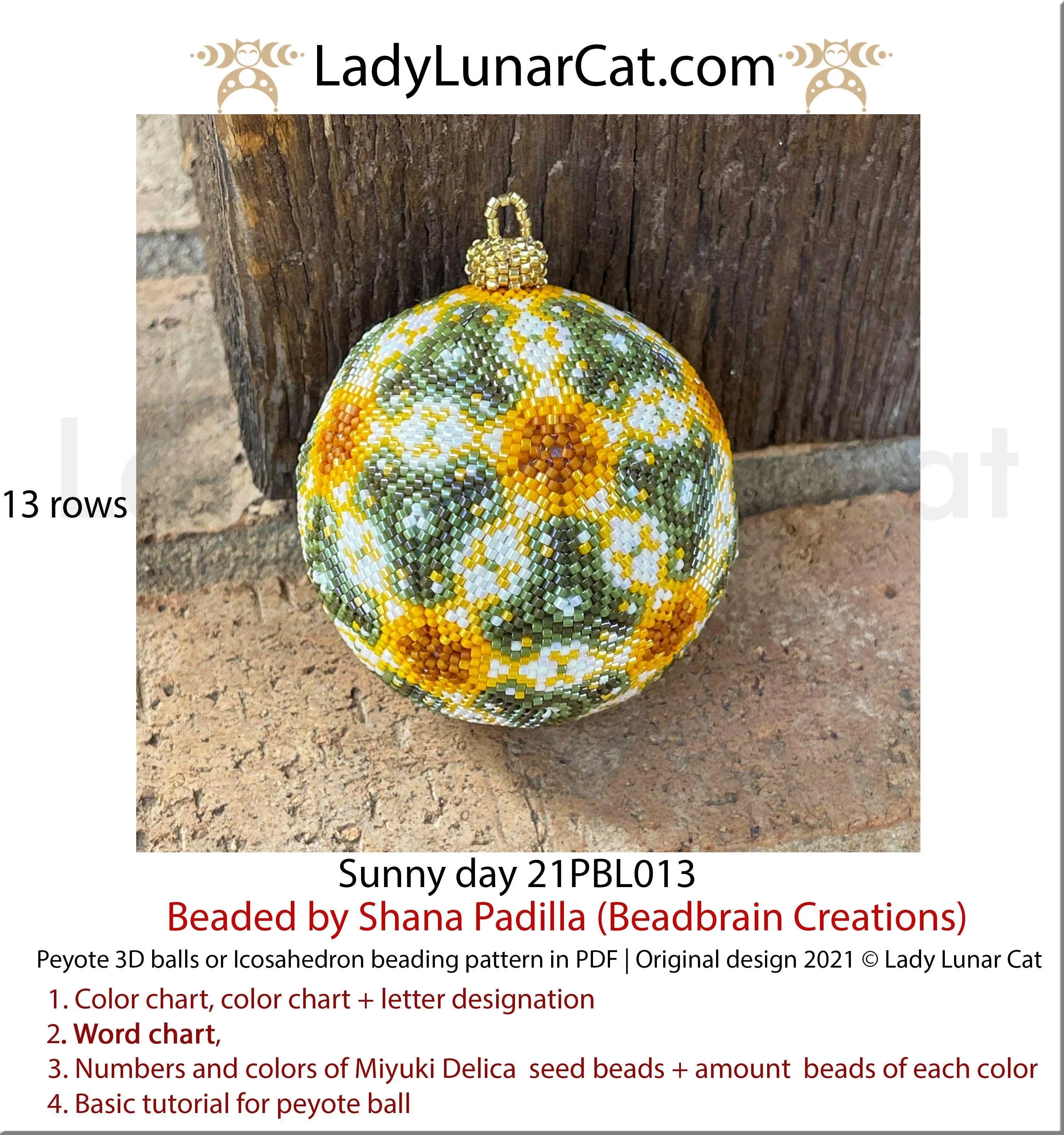 Beaded floral sunny icosahedron ball pendant — peyote stitch tutorial PDF for all levels