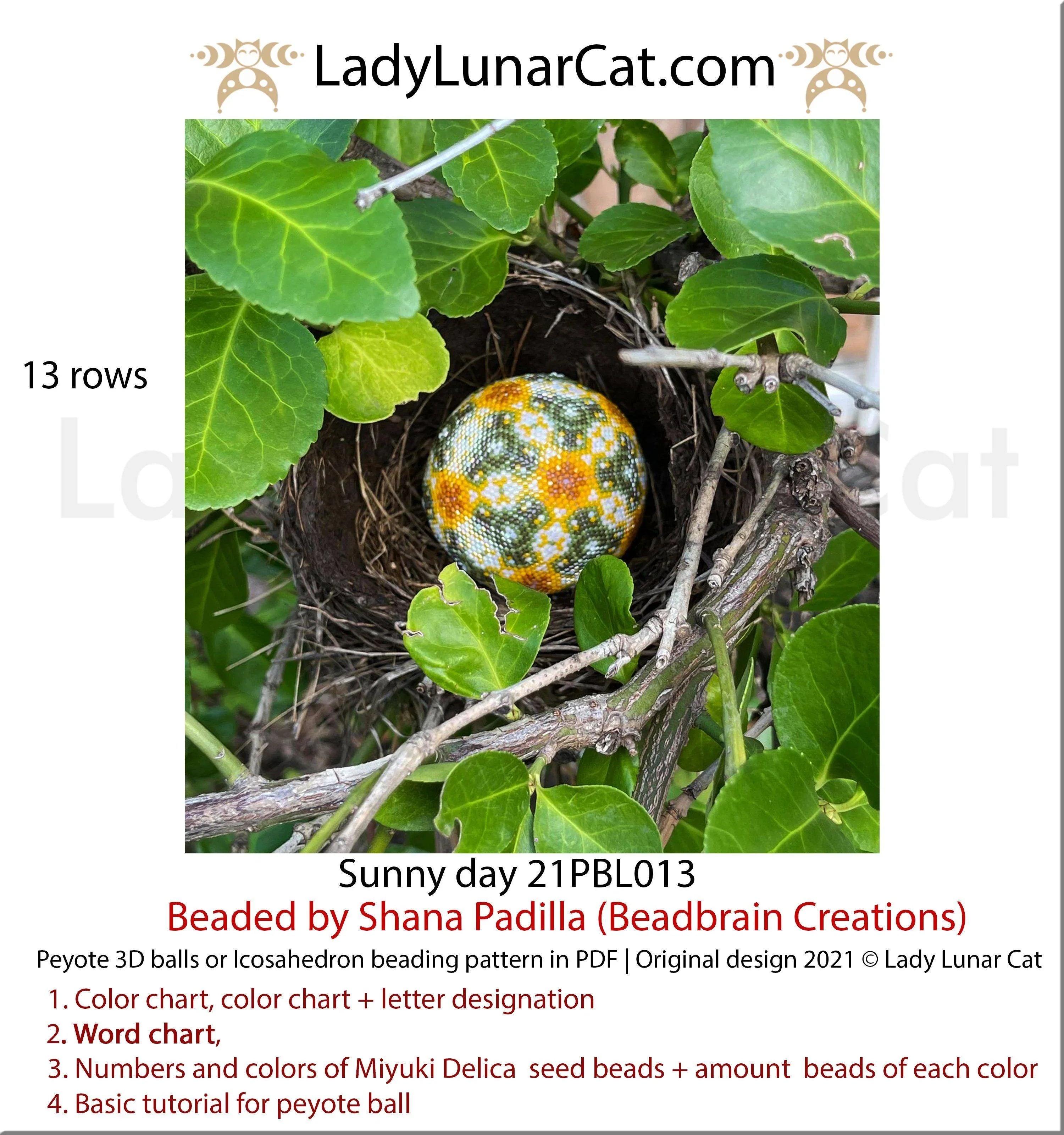 Floral sunny day peyote icosahedron beading pattern — 6 colors, Miyuki Delica 11/0