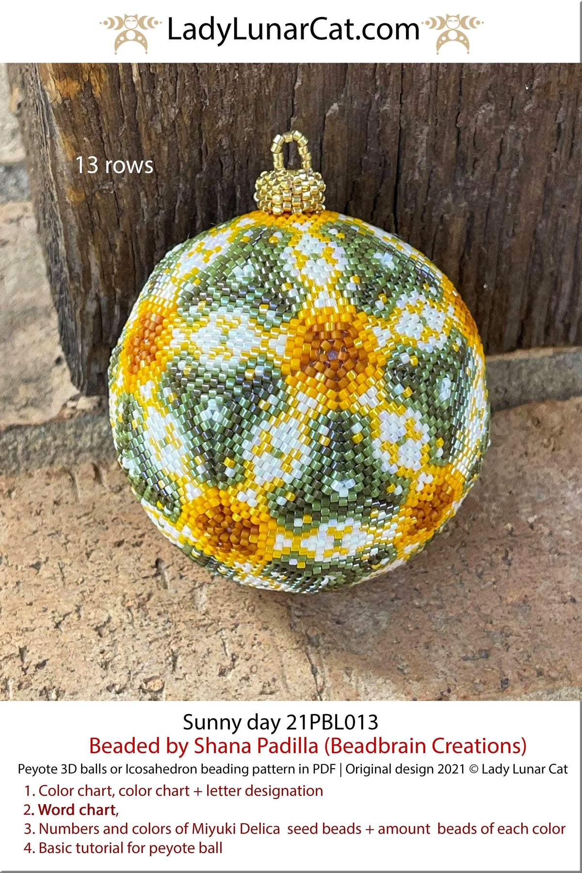 Beaded icosahedron sunny day — 6 color floral peyote ball, Lady Lunar Cat design