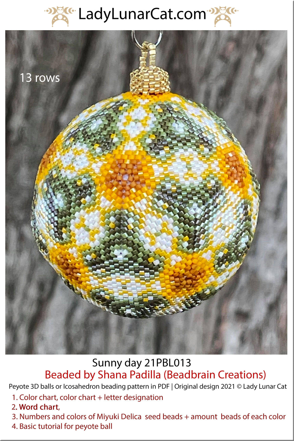 Peyote 3d ball pattern for beading | Beaded Icosahedron Sunny day 21PBL013 13 rows LadyLunarCat