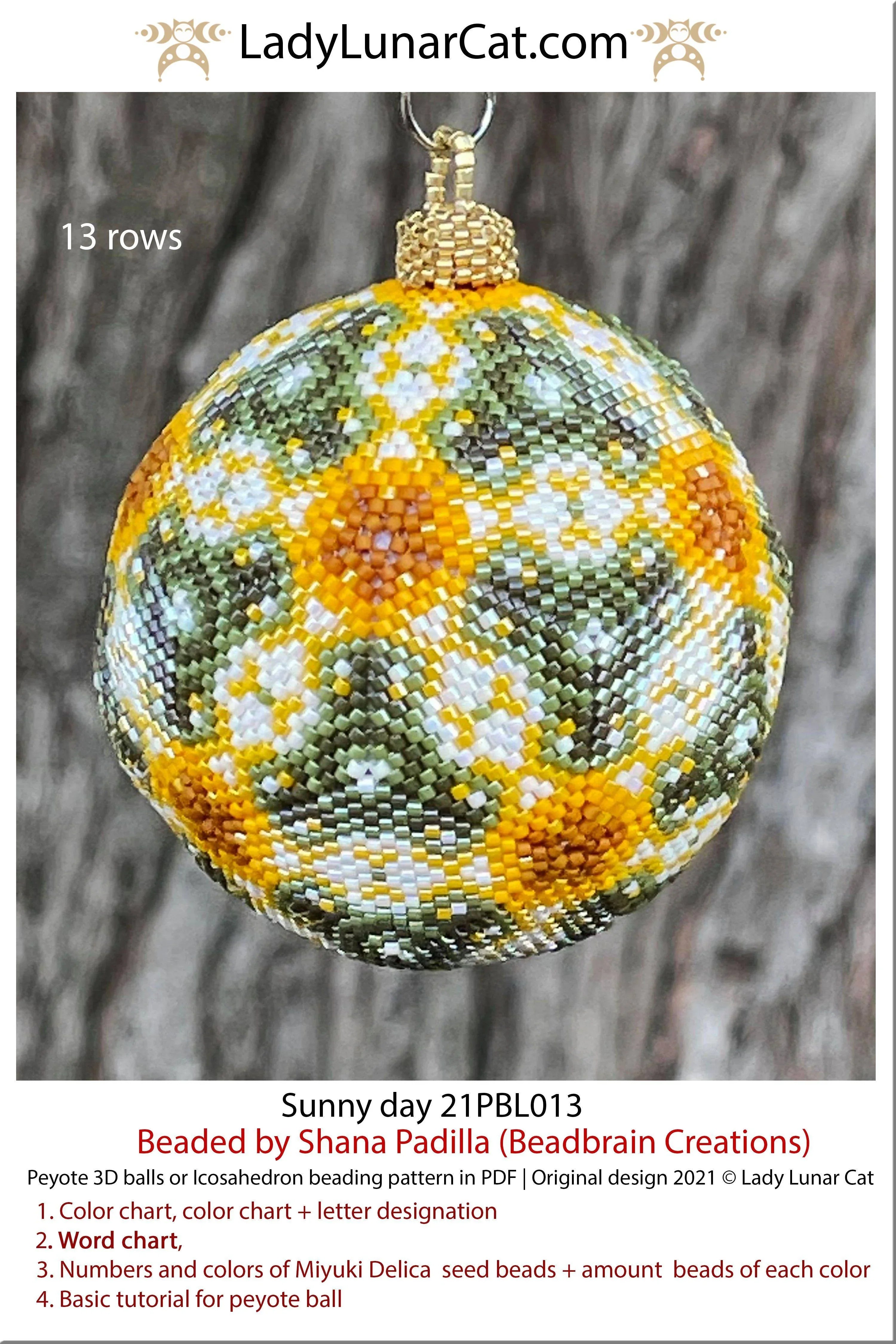 Peyote 3D ball sunny floral ornament — geometric icosahedron pendant, Delica 11/0